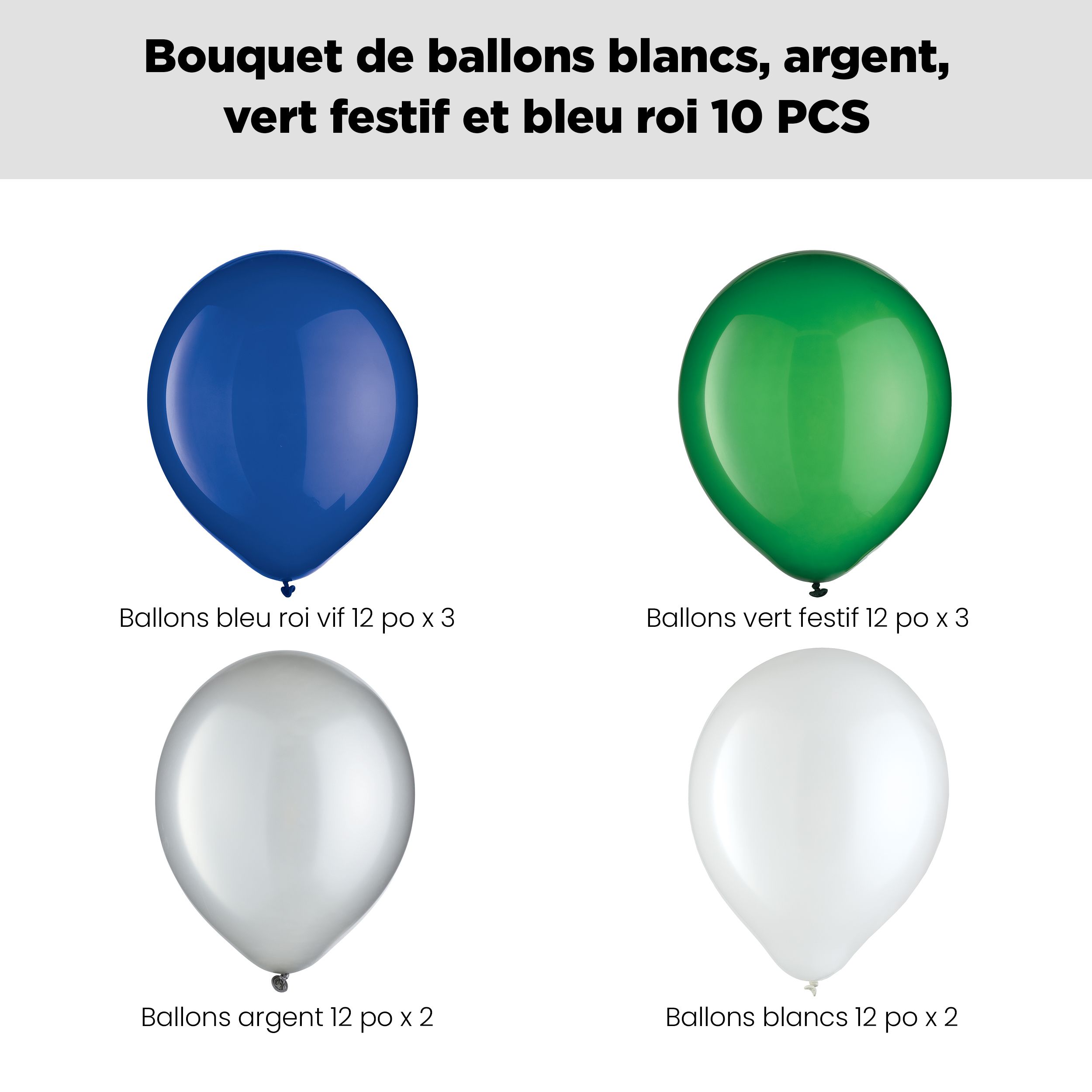 Bouquet de ballons ronds en latex, blanc, argent, vert festif, bleu royal, 10 pce, gonflage à l’hélium et ruban compris Front_Flat