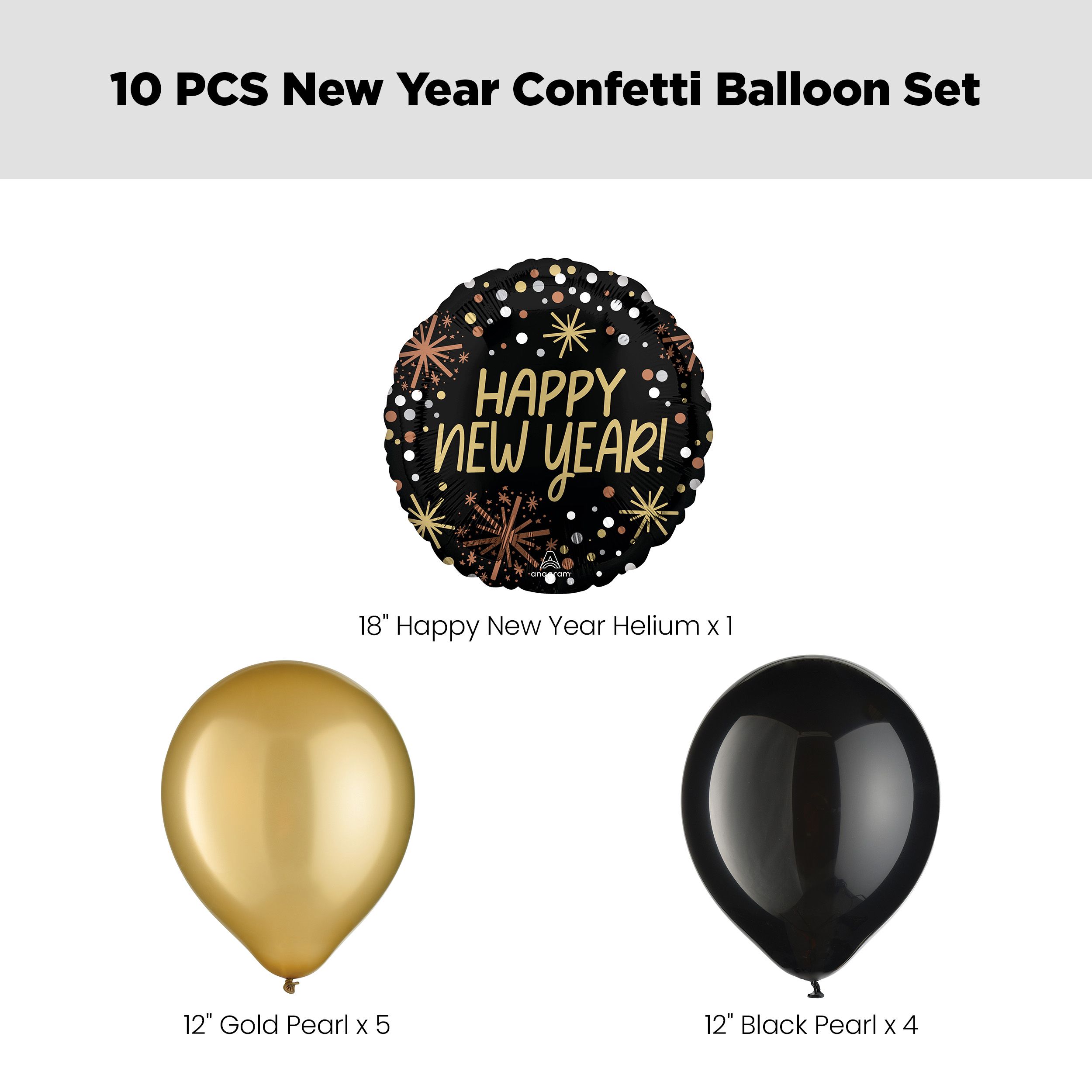 "Happy New Year!" Confetti Balloon Bouquet with Latex Balloons, Black/Gold, 10-pk, Helium Inflation & Ribbon Included Front_Flat