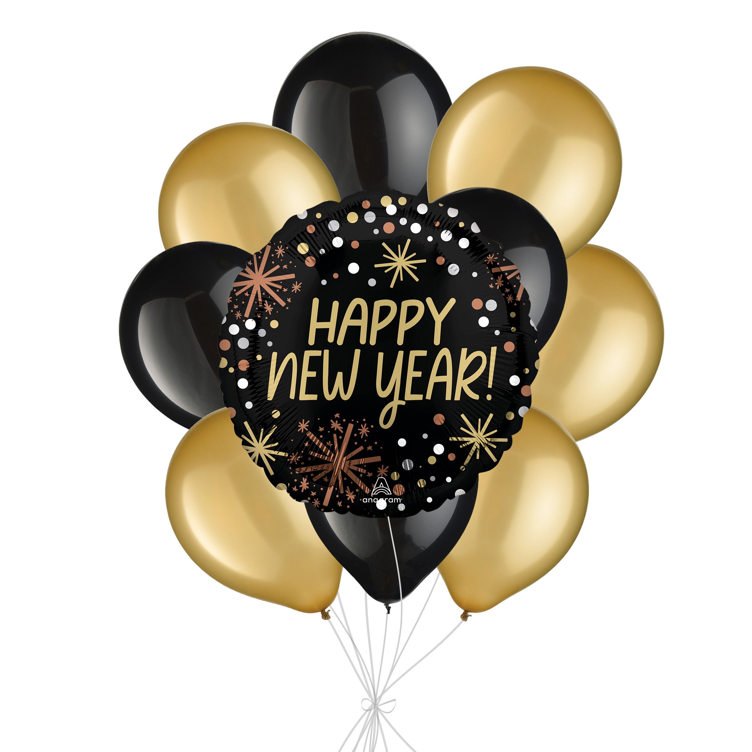 Happy New Year! Bouquet de ballons confettis avec ballons en latex noirs, dorés et argentés, 10 pièces, gonflage à l'hélium et ruban inclus Front_Flat