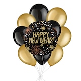 "Happy New Year!" Confetti Balloon Bouquet with Latex Balloons, Black/Gold, 10-pk, Helium Inflation & Ribbon Included Front_Flat