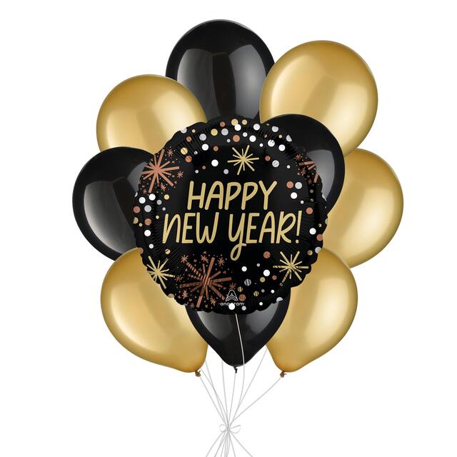 "Happy New Year!" Confetti Balloon Bouquet with Latex Balloons, Black/Gold, 10-pk, Helium Inflation & Ribbon Included Front_Flat