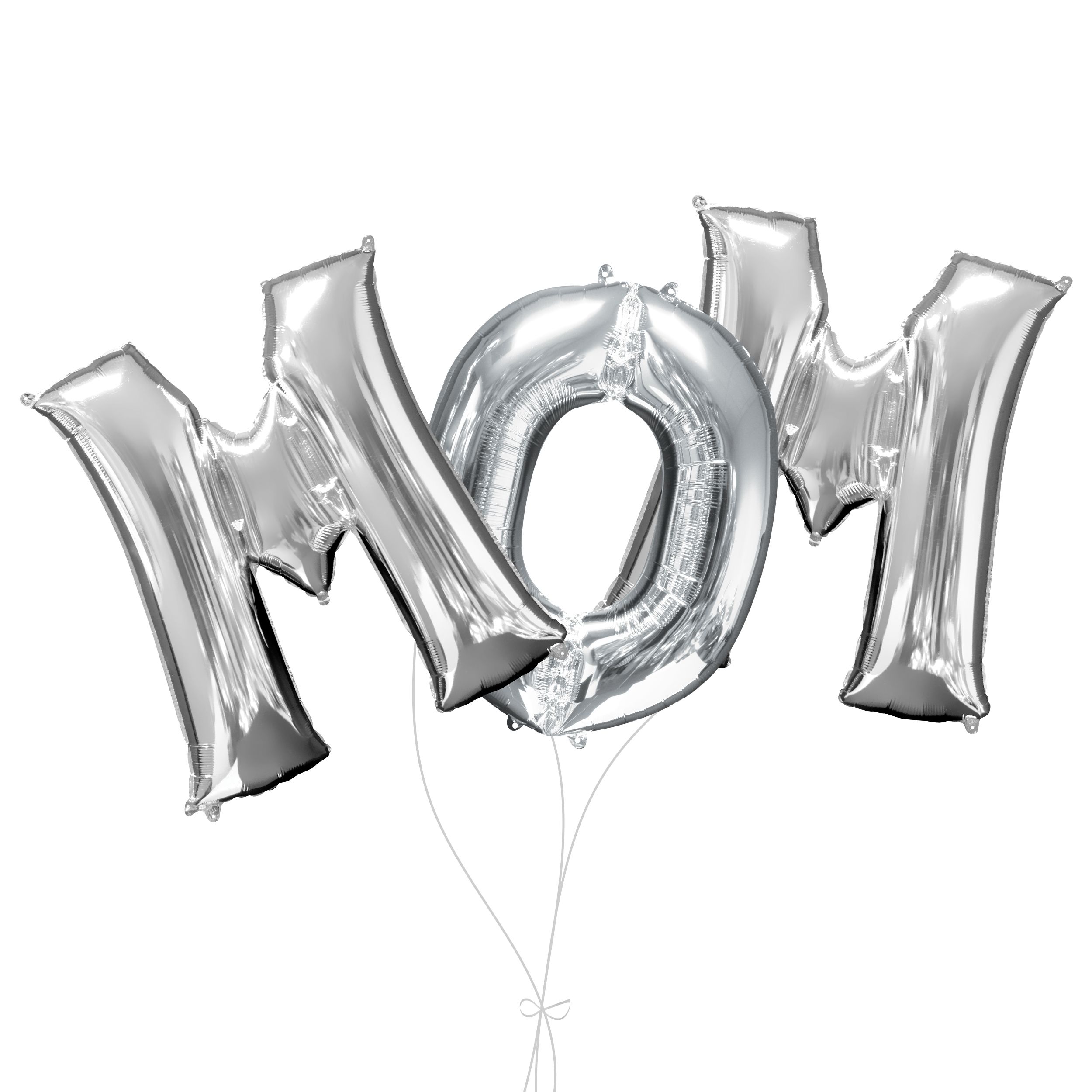 “MOM” Foil Letter Balloon Bouquet, Silver, 3-pk, Helium Inflation & Ribbon Included for Mother’s Day Front_Flat