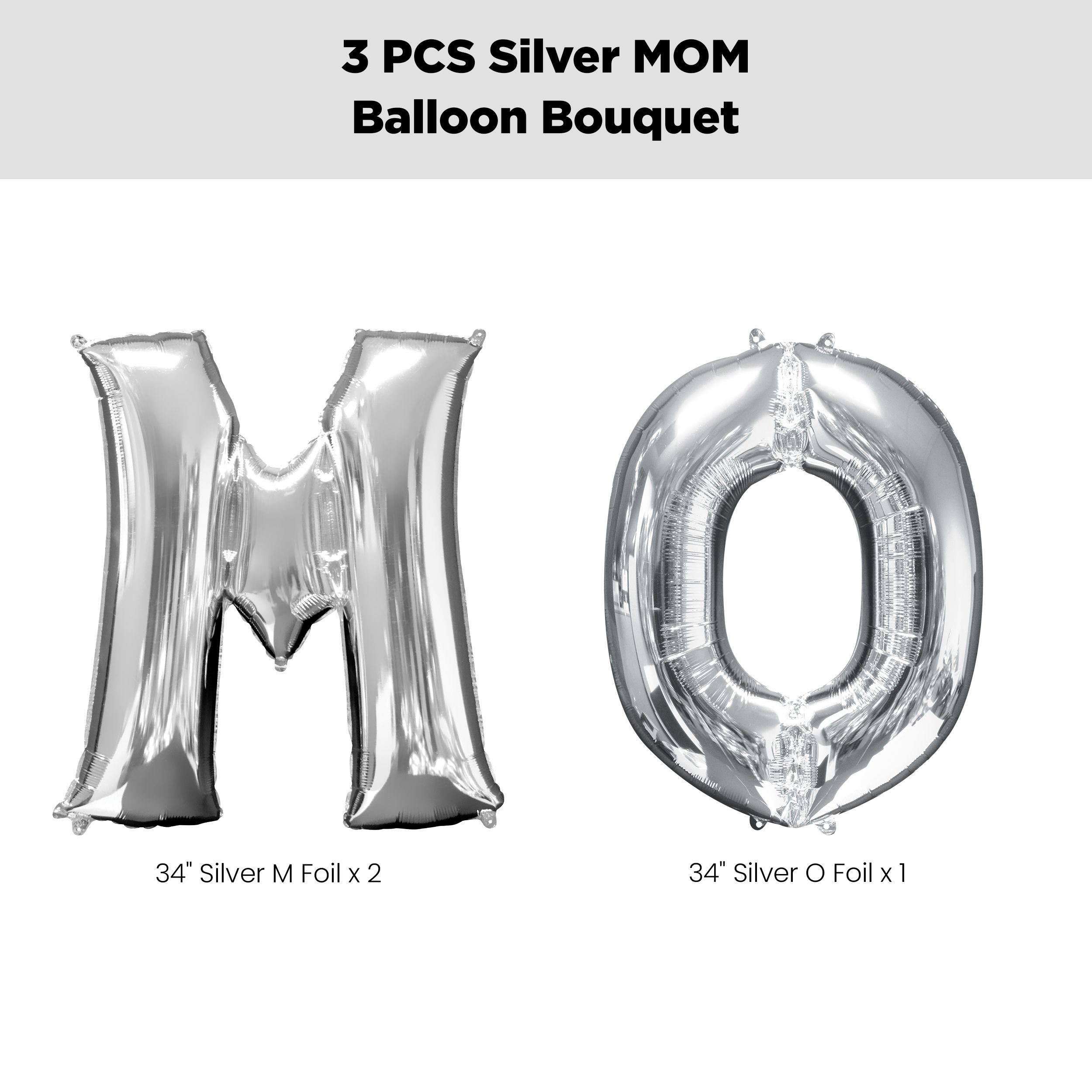 “MOM” Foil Letter Balloon Bouquet, Silver, 3-pk, Helium Inflation & Ribbon Included for Mother’s Day Front_Flat