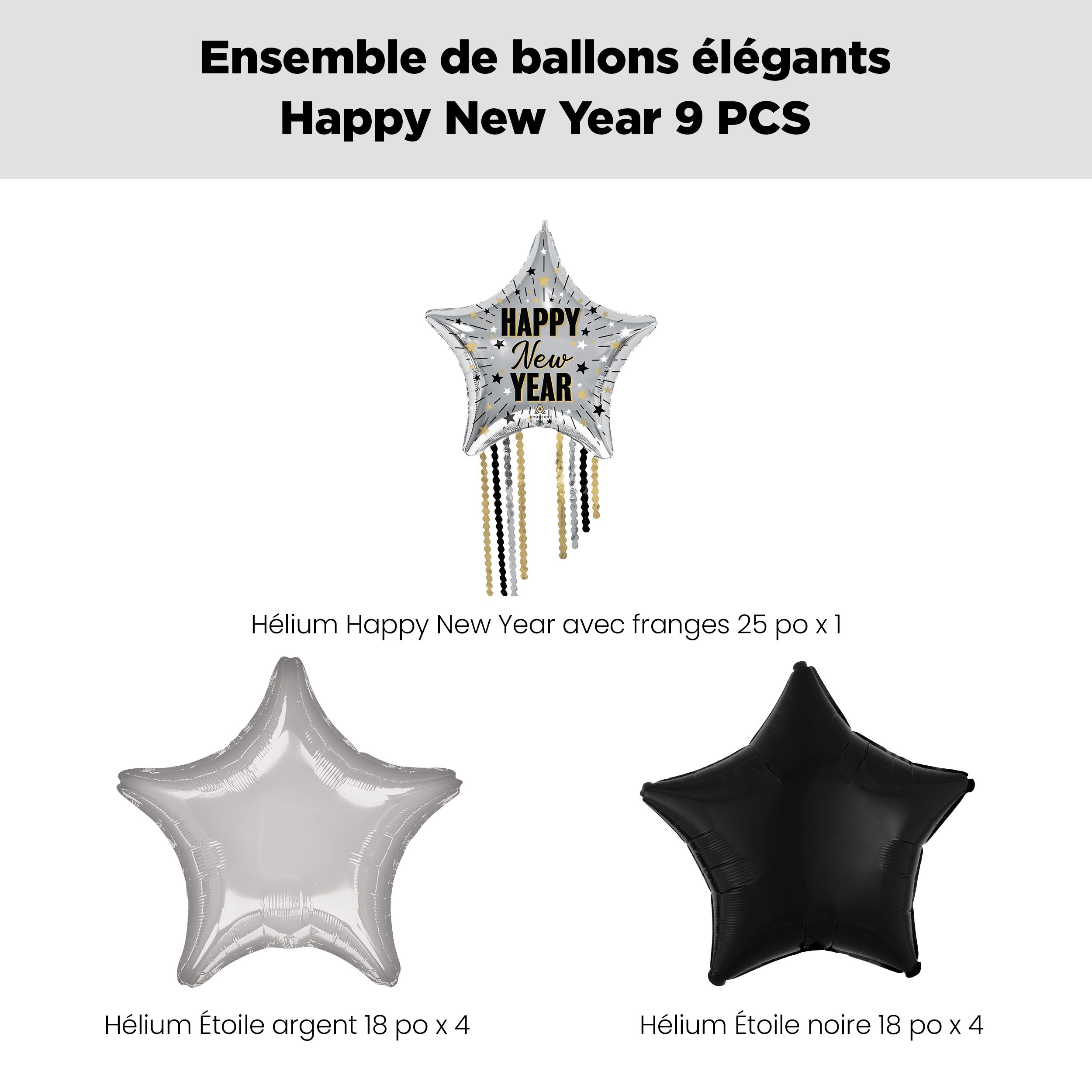 Bouquet de ballons géants métalliques satinés à étoiles et franges Happy New Year avec ballons métalliques étoilés, argenté/noir, paq. 9, gonflage à l’hélium et ruban inclus Front_Flat