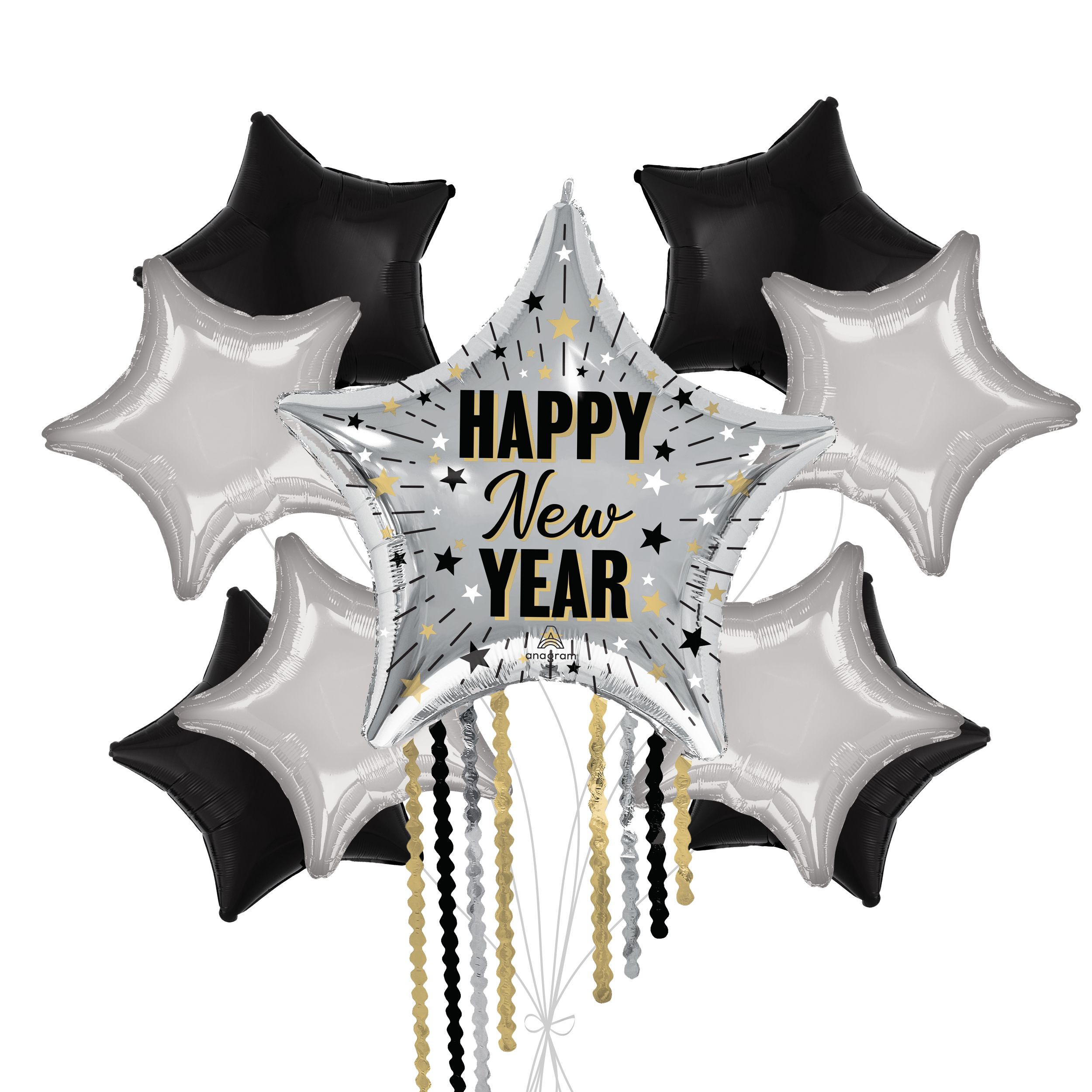 "Happy New Year" Star Fringe Satin Foil Supershape Balloon Bouquet with Star Foil Balloons, Silver/Black, 9-pk, Helium Inflation & Ribbon Included Front_Flat