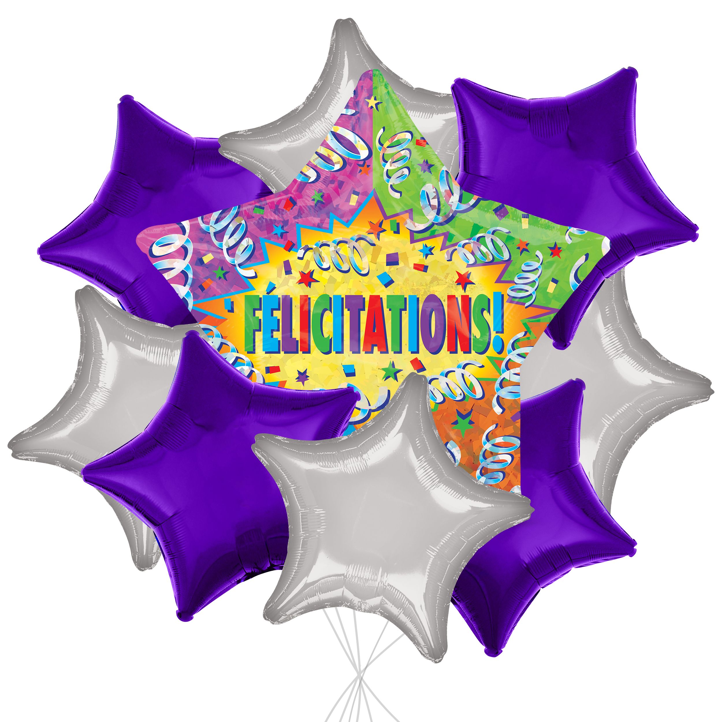 Bouquet de ballons géants métalliques satinés Félicitations avec ballons métalliques étoilés, multicolore, paq. 9, gonflage à l’hélium et ruban inclus Front_Flat