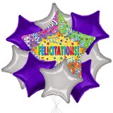 Bouquet de ballons géants métalliques satinés Félicitations avec ballons métalliques étoilés, multicolore, paq. 9, gonflage à l’hélium et ruban inclus Front_Flat