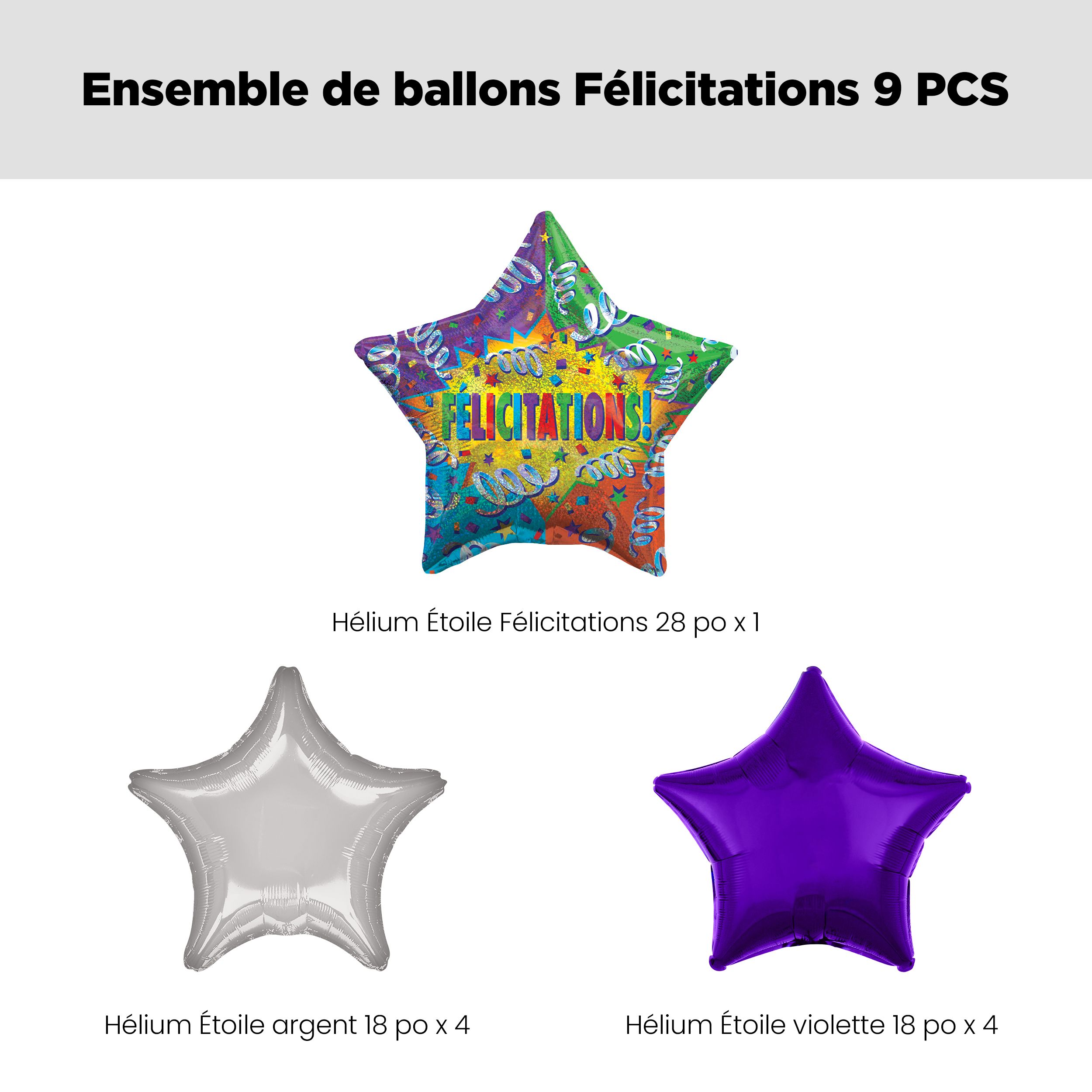 Bouquet de ballons géants métalliques satinés Félicitations avec ballons métalliques étoilés, multicolore, paq. 9, gonflage à l’hélium et ruban inclus Front_Flat