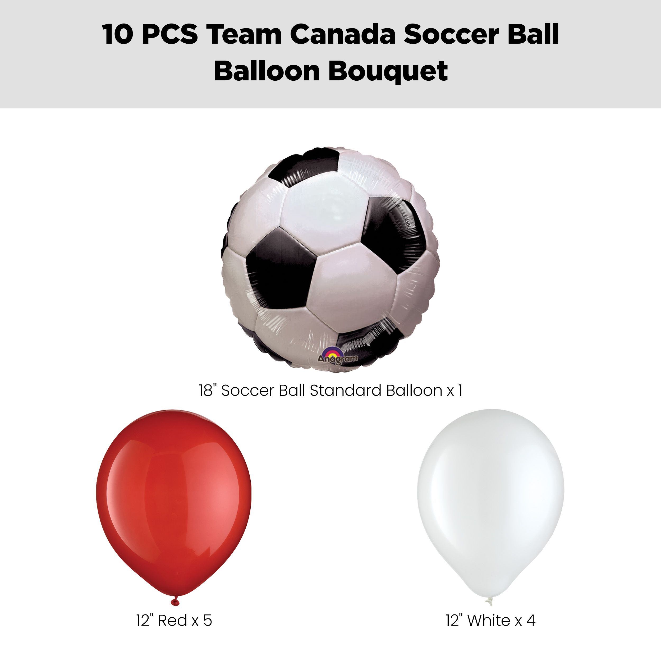 Team Canada Soccer Ball Balloon Bouquet with Latex Balloons, Red/White, 10-pk, Helium Inflation & Ribbon Included for 2026 Winter Olympics Front_Flat