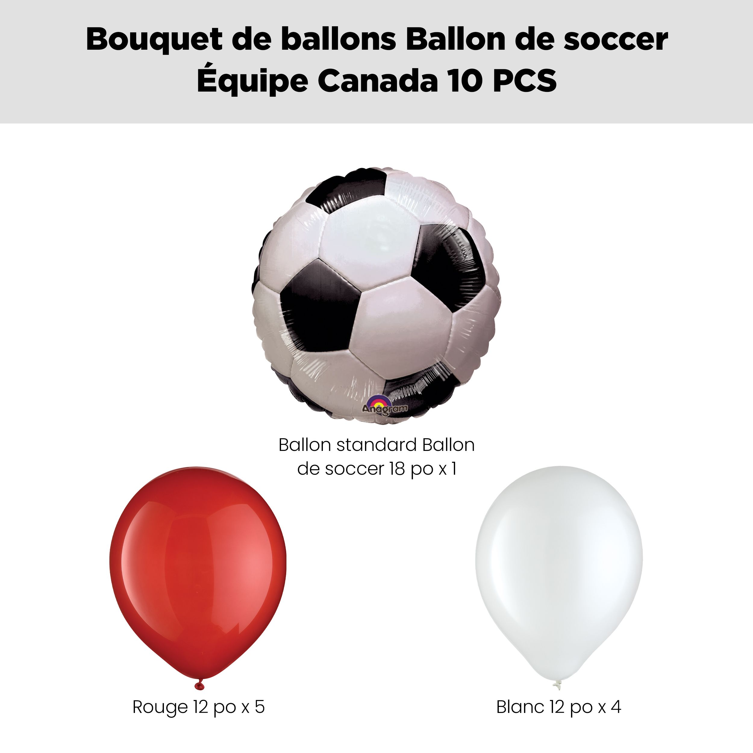 Bouquet de ballons Ballon de soccer Équipe&nbsp;Canada avec ballons en latex, rouge et blanc, paq. 10, gonflage à l’hélium et ruban inclus pour les Olympique d’hiver 2026 Front_Flat