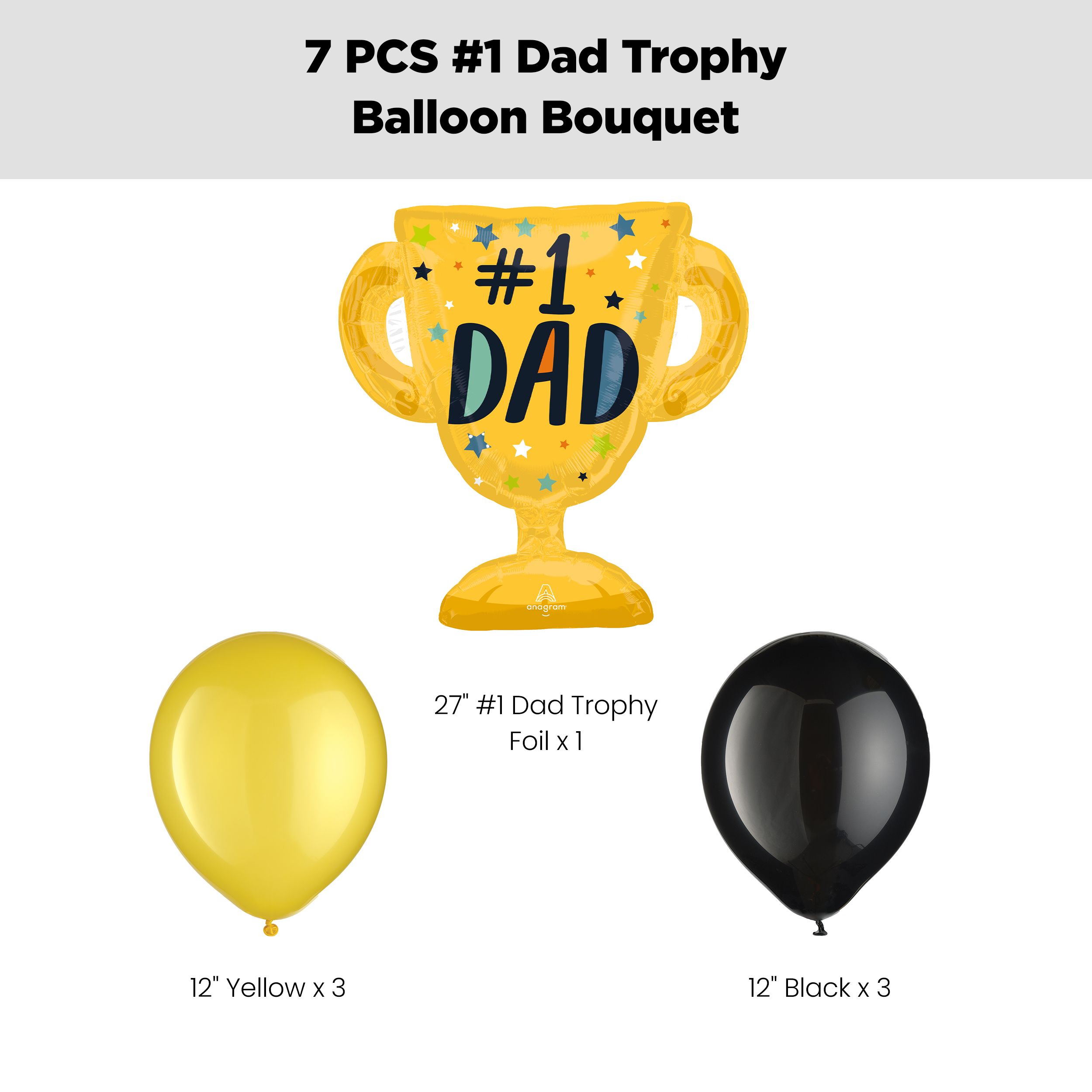 "#1 Dad" Trophy Supershape Balloon Bouquet with Latex Balloons, Yellow/Black, 7-pk, Helium Inflation & Ribbon Included Front_Flat