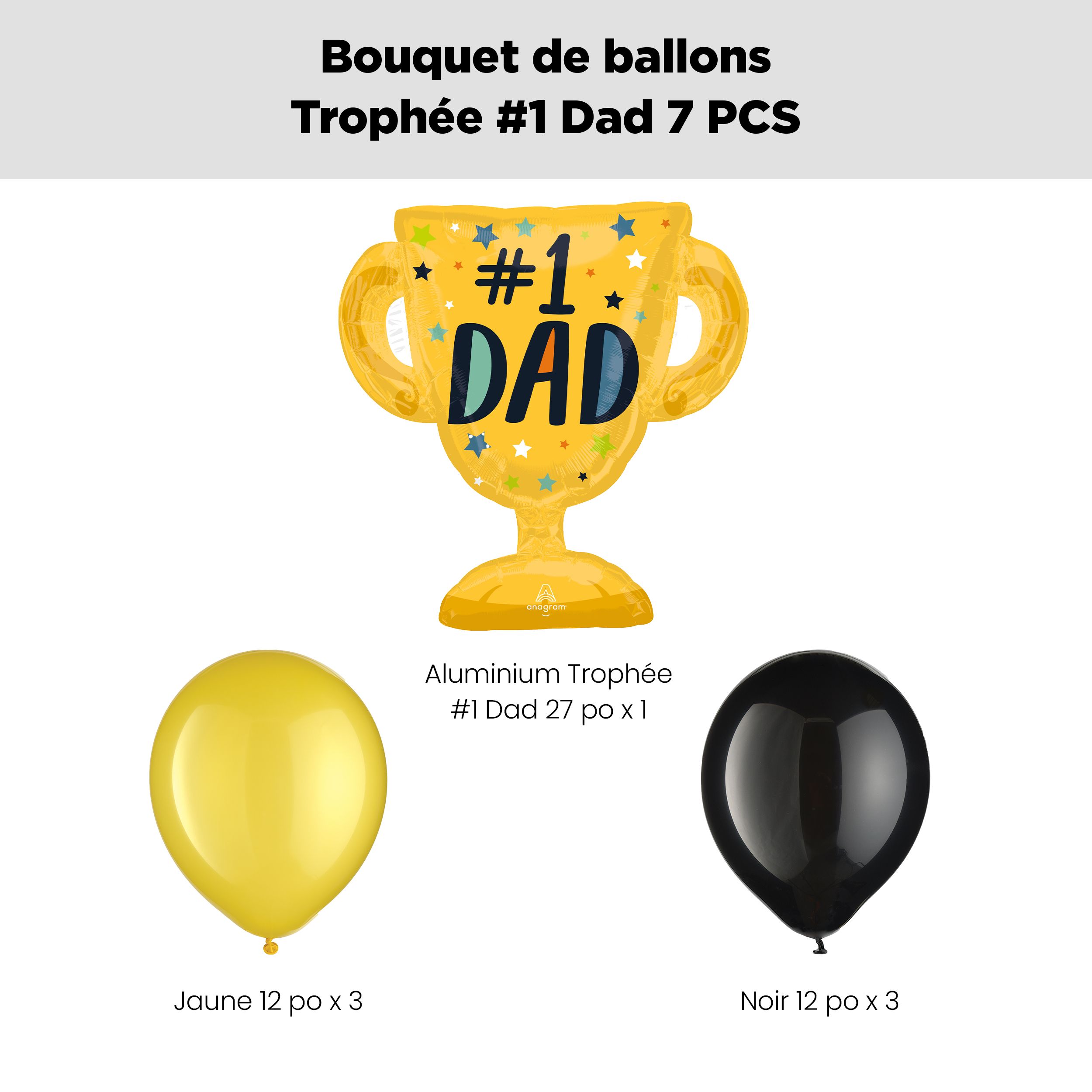 Bouquet de ballons de forme extraordinaire avec trophée #1 Dad comprenant ballons en latex jaunes et noirs, 7 pièces Front_Flat