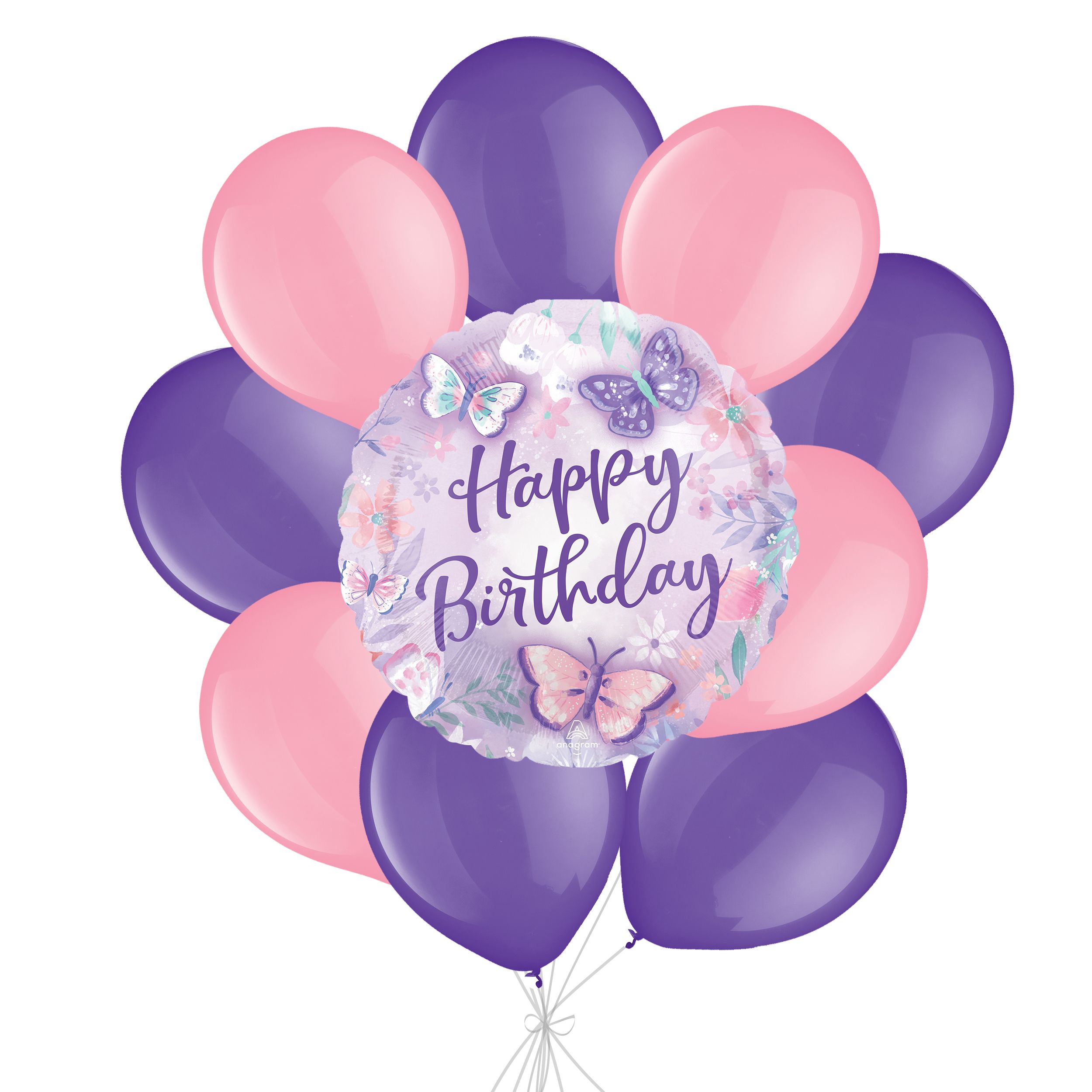 Bouquet de ballon Happy Birthday papillon avec ballons en latex roses et violets, 10 pièces, gonflement à l’hélium et ruban inclus, pour fête d’anniversaire d’enfant Front_Flat