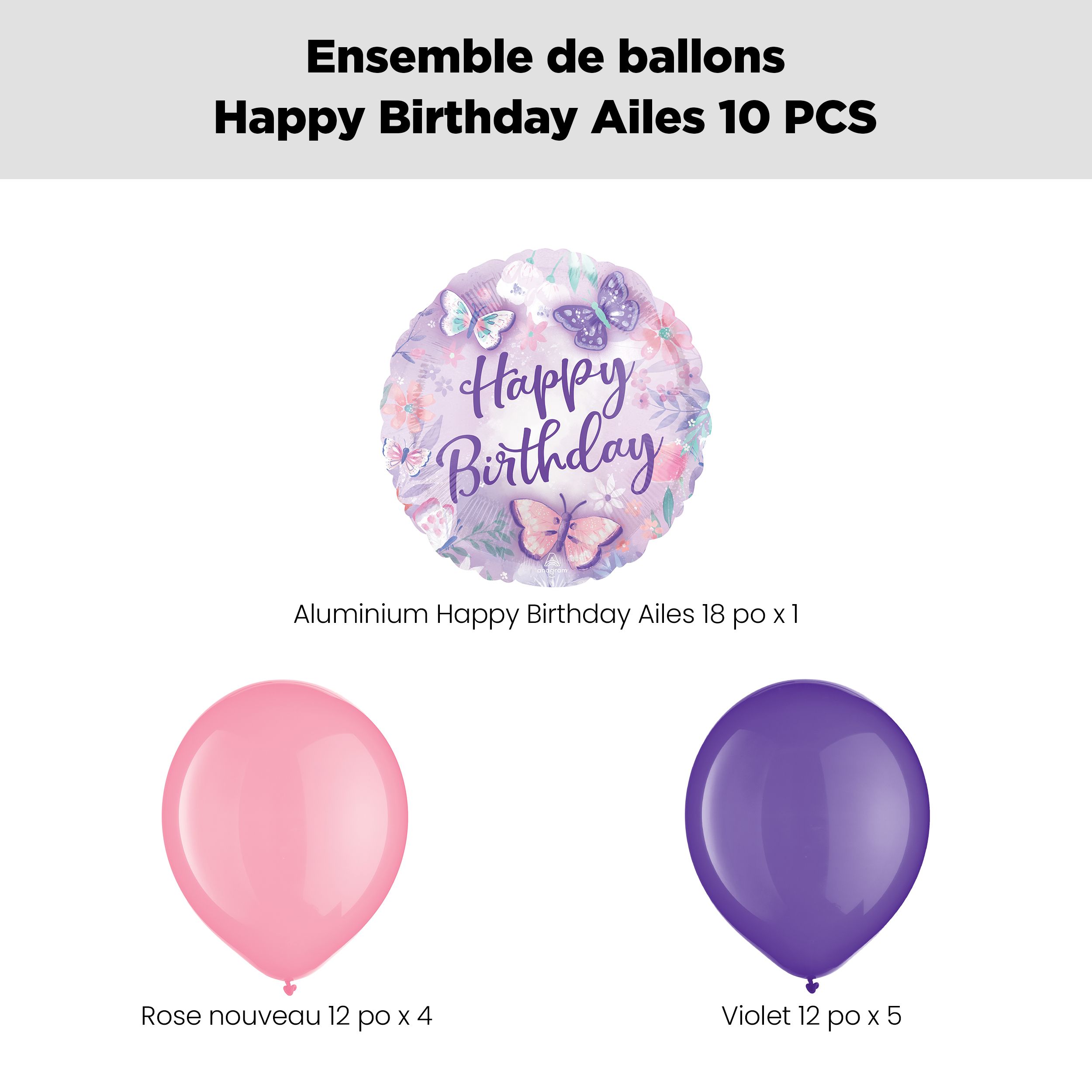 Bouquet de ballon Happy Birthday papillon avec ballons en latex roses et violets, 10 pièces, gonflement à l’hélium et ruban inclus, pour fête d’anniversaire d’enfant Front_Flat