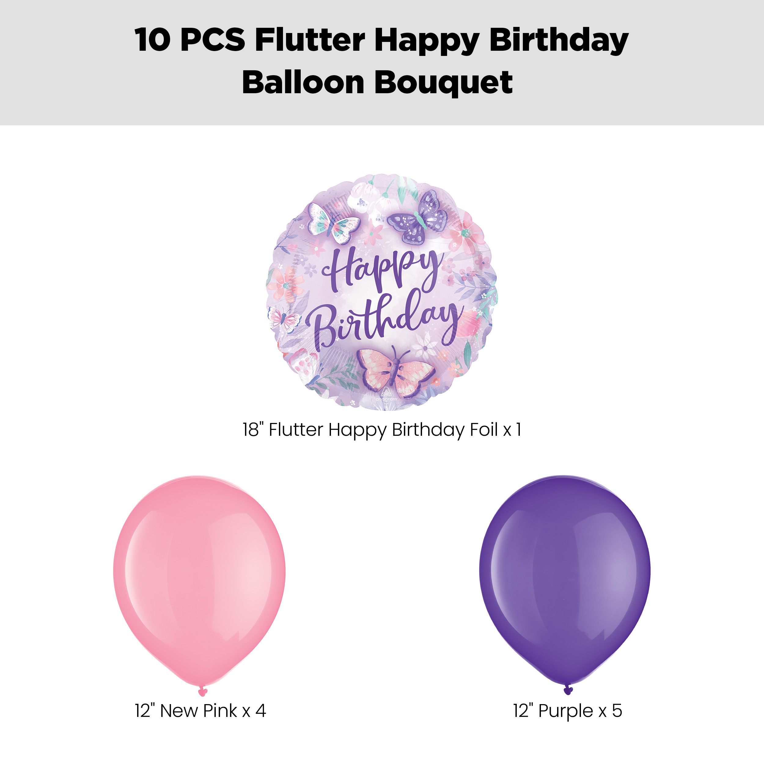 “Happy Birthday" Flutter Balloon Bouquet with Latex Balloons, Pink/Purple, 10-pk, Helium Inflation & Ribbon Included for Kids’ Birthday Front_Flat