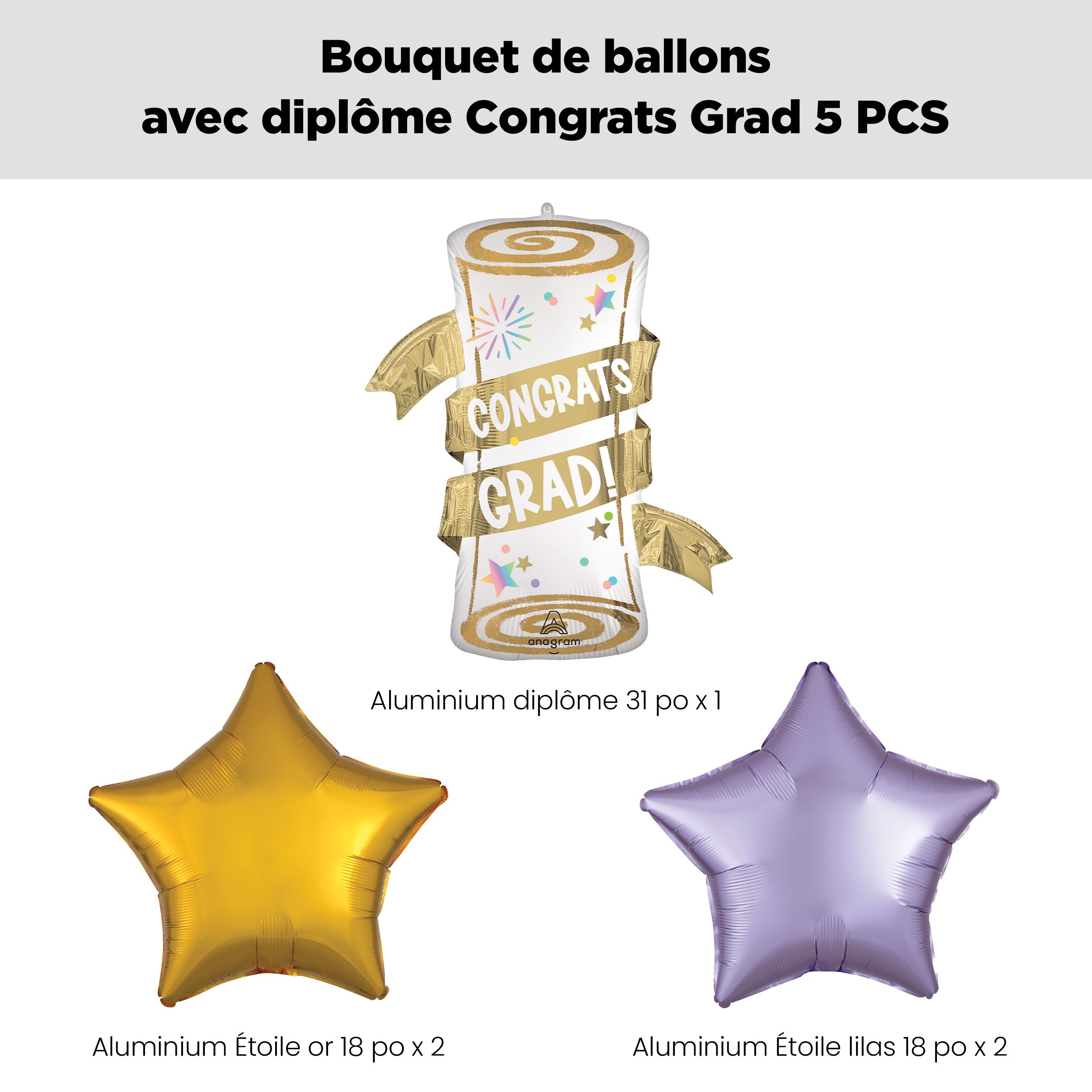 Bouquet de ballons scintillants En forme super diplôme «&nbsp;Congrats Grad!&nbsp;» avec ballons étoiles en aluminium dorés et lilas, paq. 5, gonflage à l’hélium et ruban inclus Front_Flat