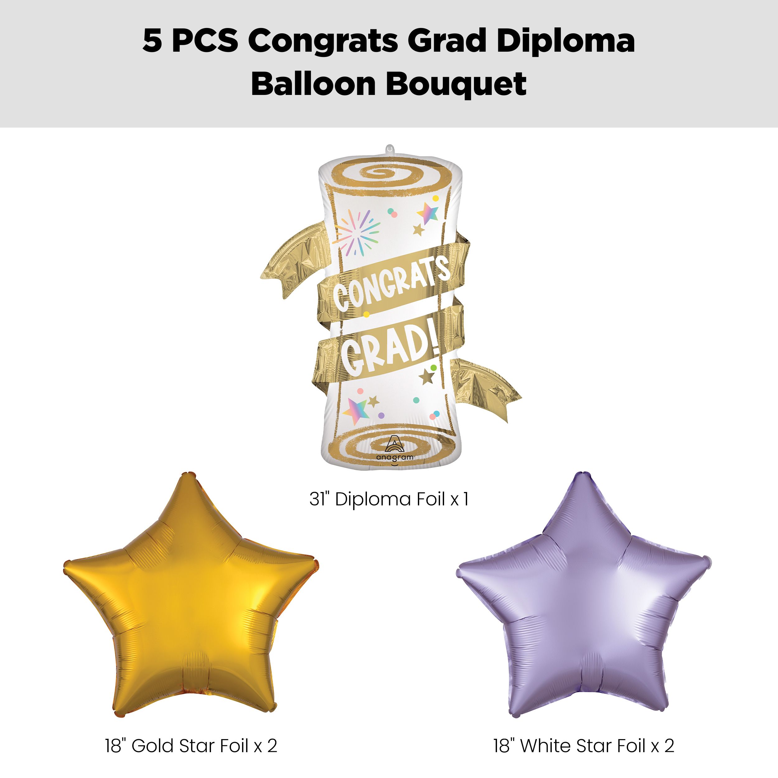 “Congrats Grad!” Diploma Supershape Balloon Bouquet with Star Foil Balloons, Gold/Lilac, 5-pk, Helium Inflation & Ribbon Included Front_Flat
