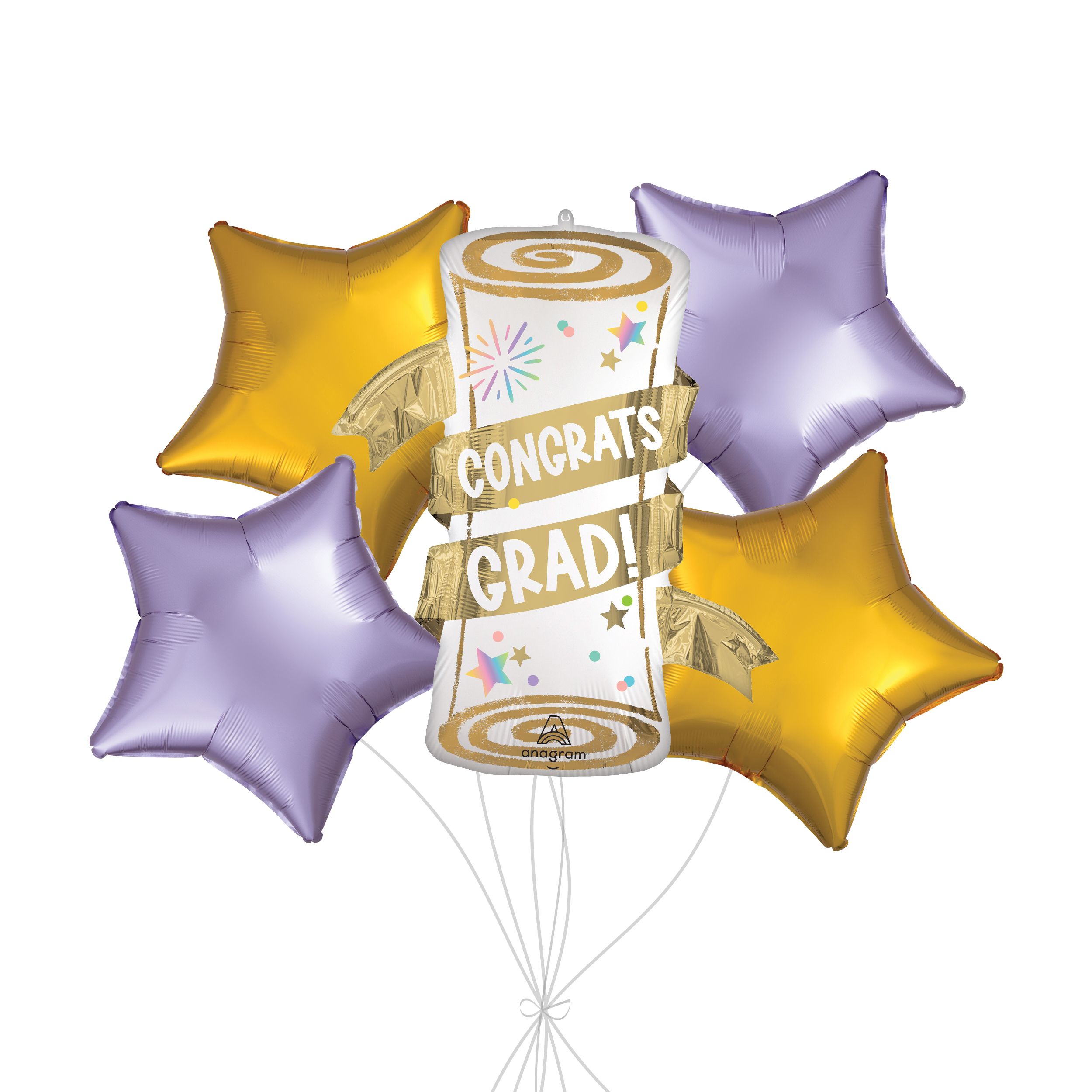 “Congrats Grad!” Diploma Supershape Balloon Bouquet with Star Foil Balloons, Gold/Lilac, 5-pk, Helium Inflation & Ribbon Included Front_Flat