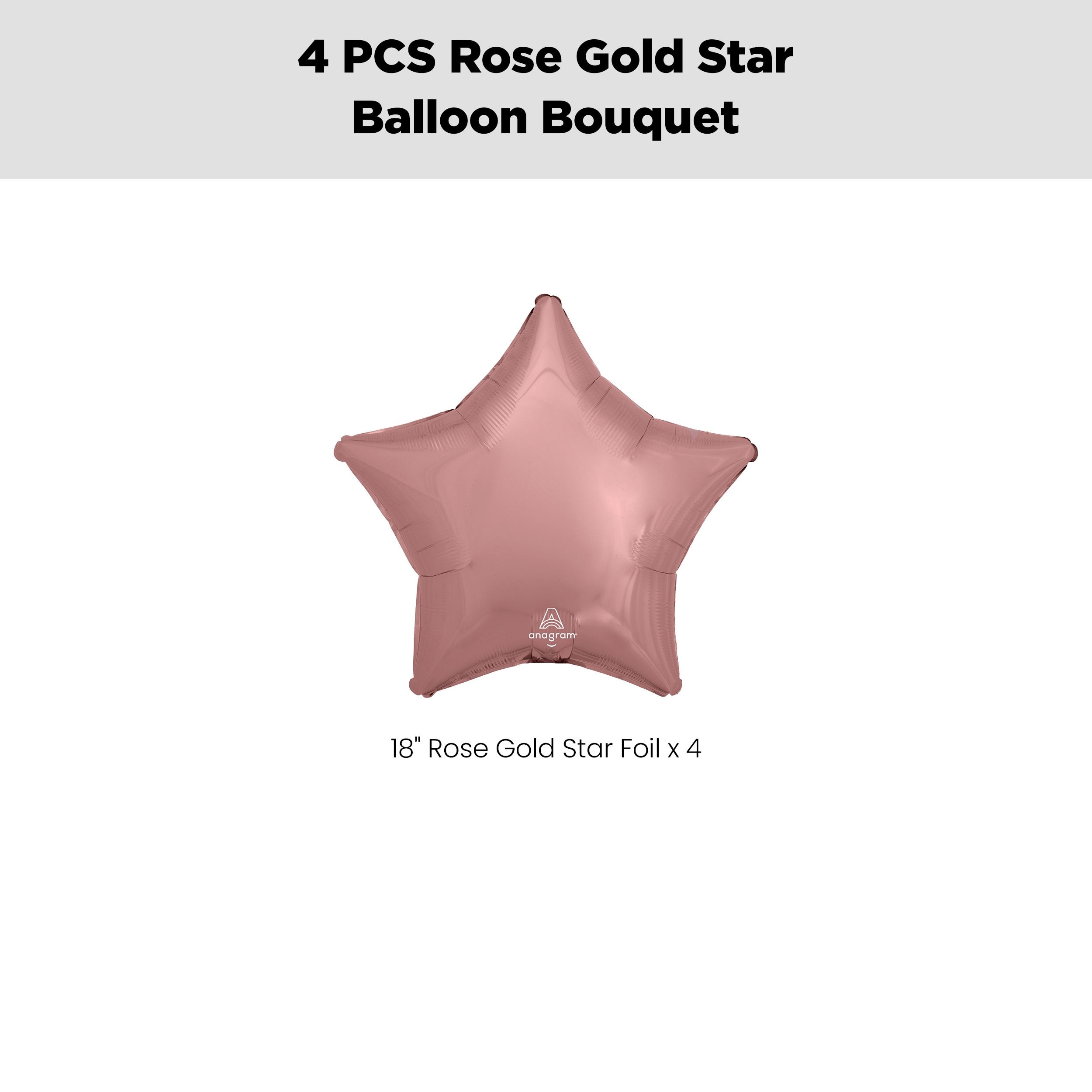 Star Foil Balloon Bouquet, Rose Gold, 4-pk, Helium Inflation & Ribbon Included for Birthday/Special Occasion Front_Flat