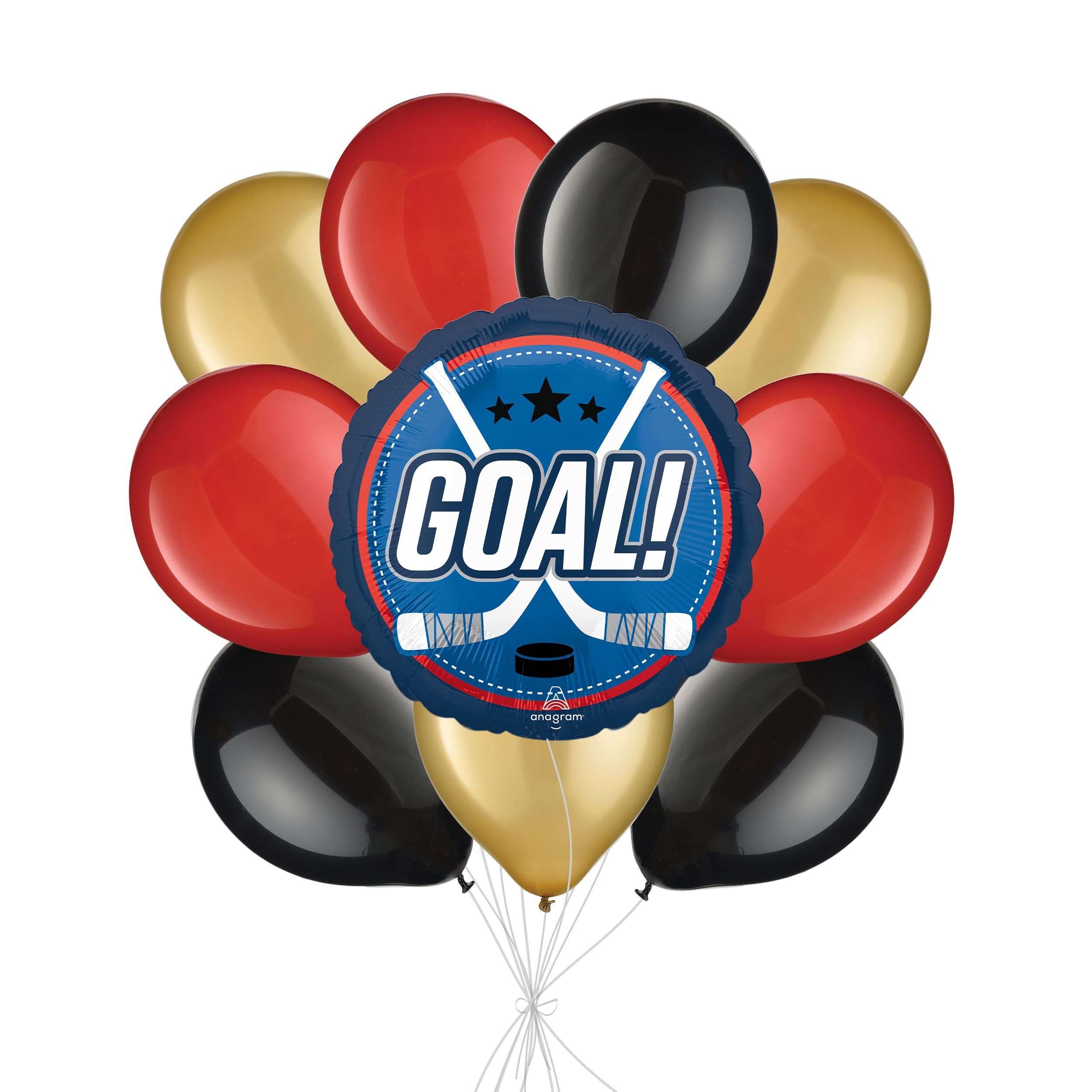 Bouquet de ballons avec ballon standard de bâtons de hockey « GOAL! » et ballons en latex, rouge, or et noir, 10 pce, gonflage à l’hélium et ruban compris Front_Flat