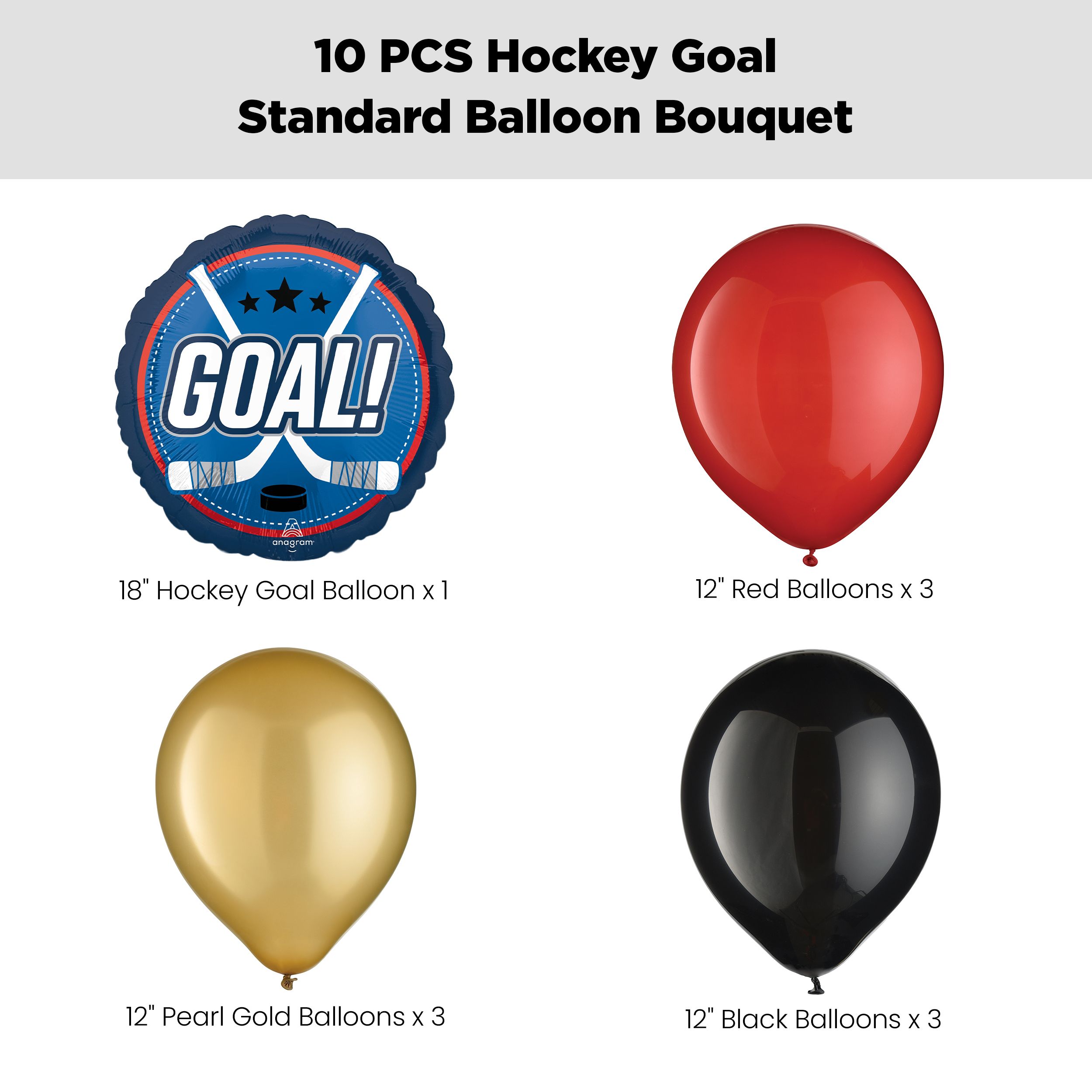 "Goal!" Hockey Sticks Balloon Bouquet with Latex Balloons, Red/Gold/Black, 10-pk, Helium Inflation & Ribbon Included Front_Flat