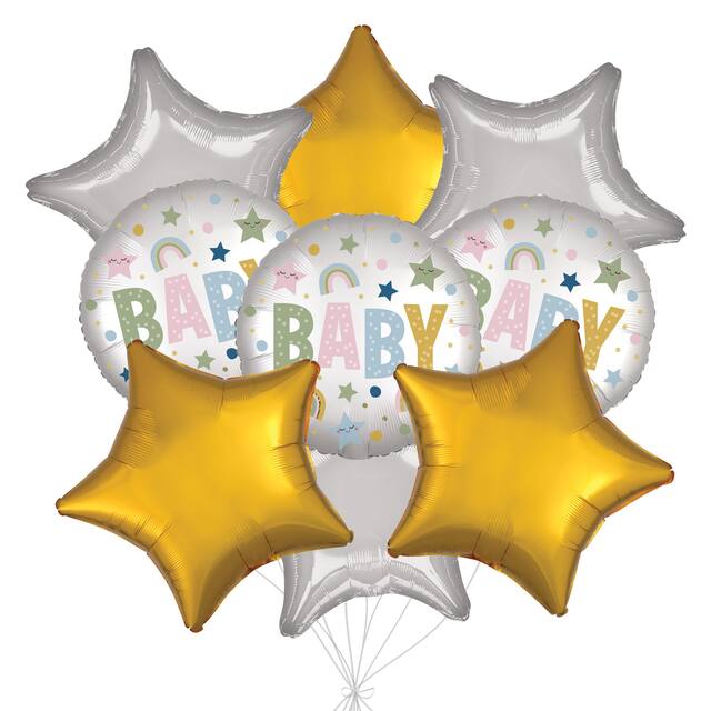 "Baby" Stars and Rainbows Balloon Bouquet with Star Foil Balloons, Gold/Silver, 9-pk, Helium Inflation & Ribbon Included for Baby Shower Front_Flat