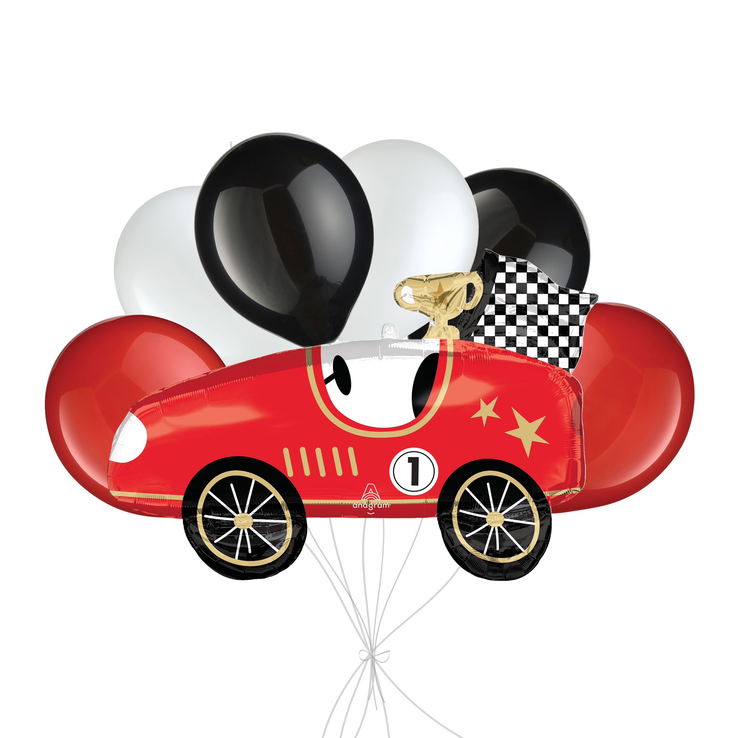 Bouquet de ballons avec ballon Supershape en forme de voiture de course et ballons en latex, noir, blanc et rouge, 7 pce, gonflage à l’hélium et ruban compris, pour anniversaire ou occasion spéciale Front_Flat