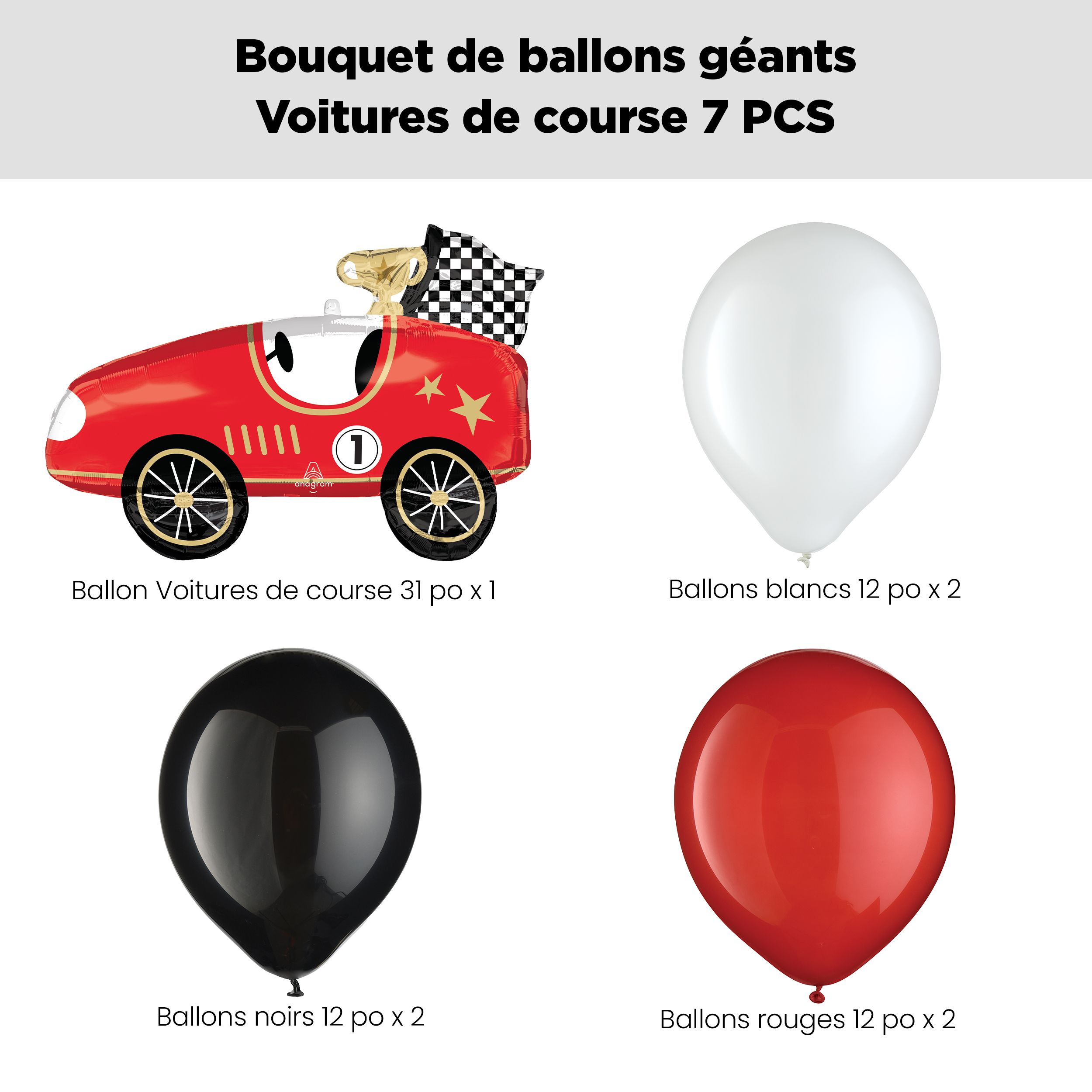 Bouquet de ballons avec ballon Supershape en forme de voiture de course et ballons en latex, noir, blanc et rouge, 7 pce, gonflage à l’hélium et ruban compris, pour anniversaire ou occasion spéciale Front_Flat