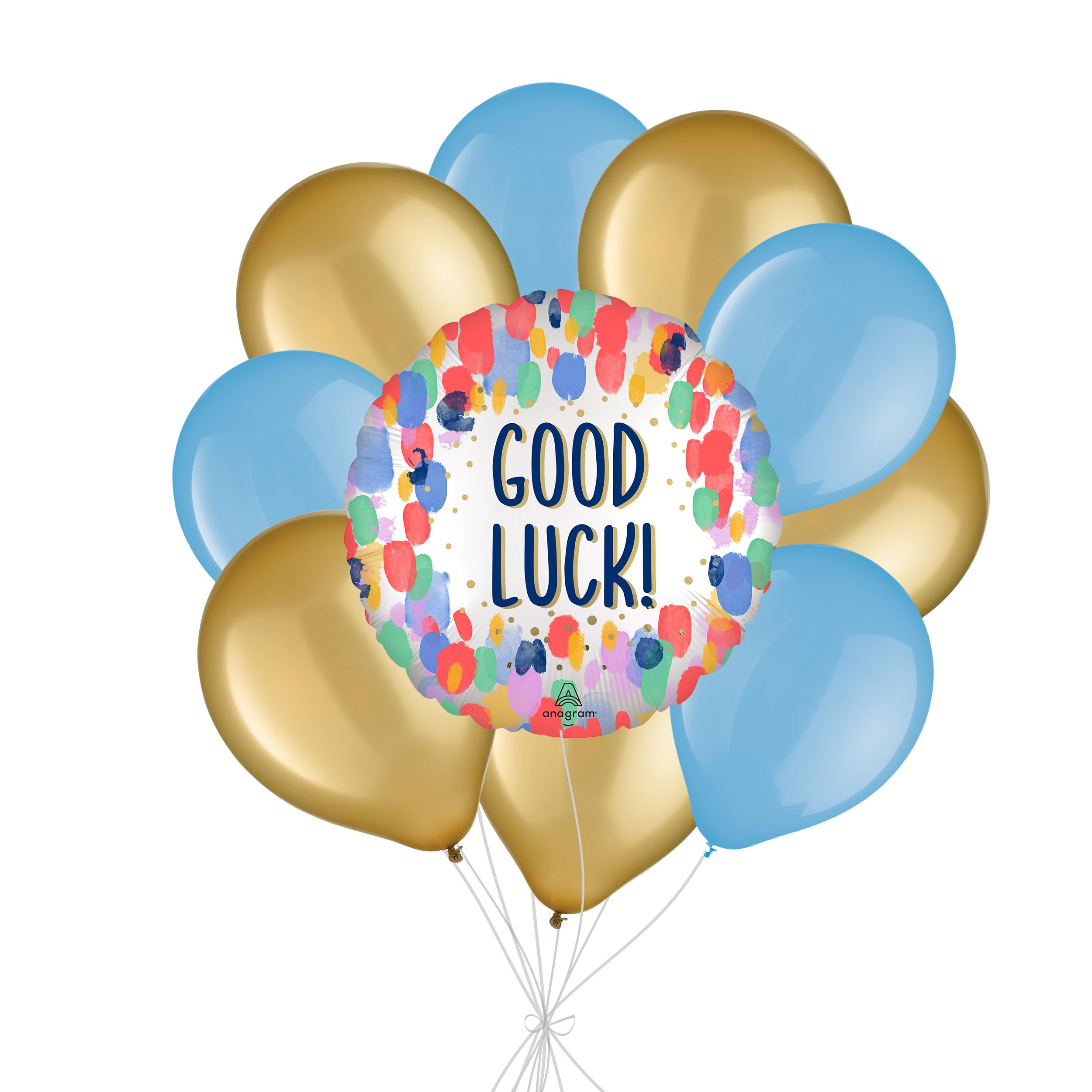"Good Luck" Round Painterly Dot Satin Foil Balloon Bouquet with Latex Balloons, Multi-Coloured, 10-pk, Helium Inflation & Ribbon Included for Special Occasion Front_Flat
