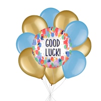 "Good Luck" Round Painterly Dot Satin Foil Balloon Bouquet with Latex Balloons, Multi-Coloured, 10-pk, Helium Inflation & Ribbon Included for Special Occasion Front_Flat
