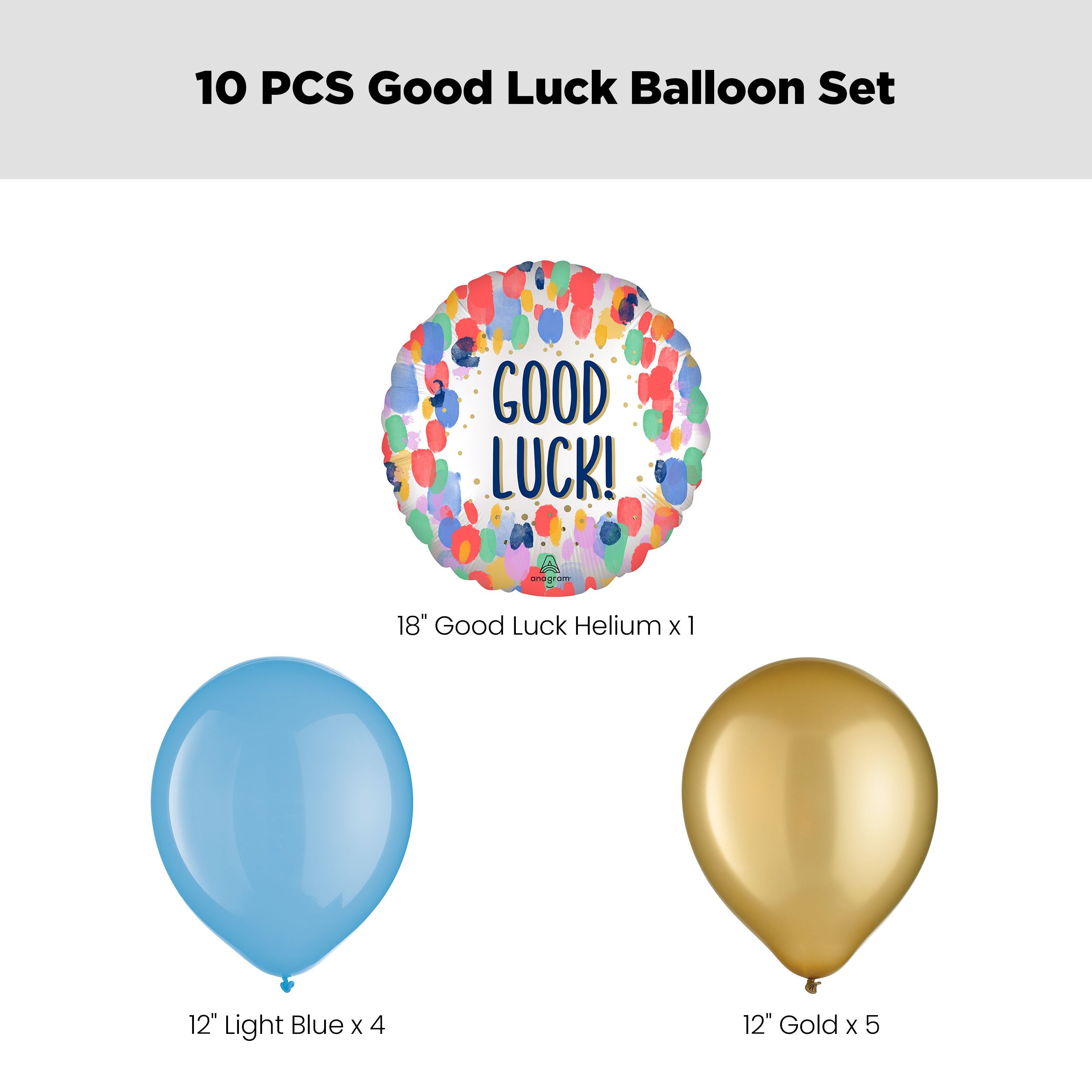 "Good Luck" Round Painterly Dot Satin Foil Balloon Bouquet with Latex Balloons, Multi-Coloured, 10-pk, Helium Inflation & Ribbon Included for Special Occasion Front_Flat