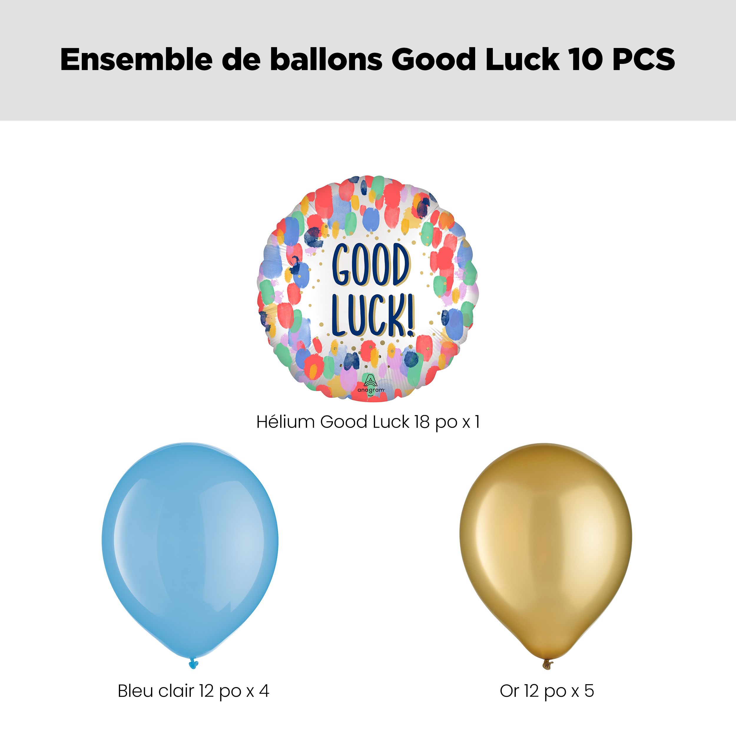 Bouquet de ballons métalliques ronds à pois peints Good Luck avec ballons en latex, multicolore, paq. 10, gonflage à l’hélium et ruban inclus, pour occasions spéciales Front_Flat