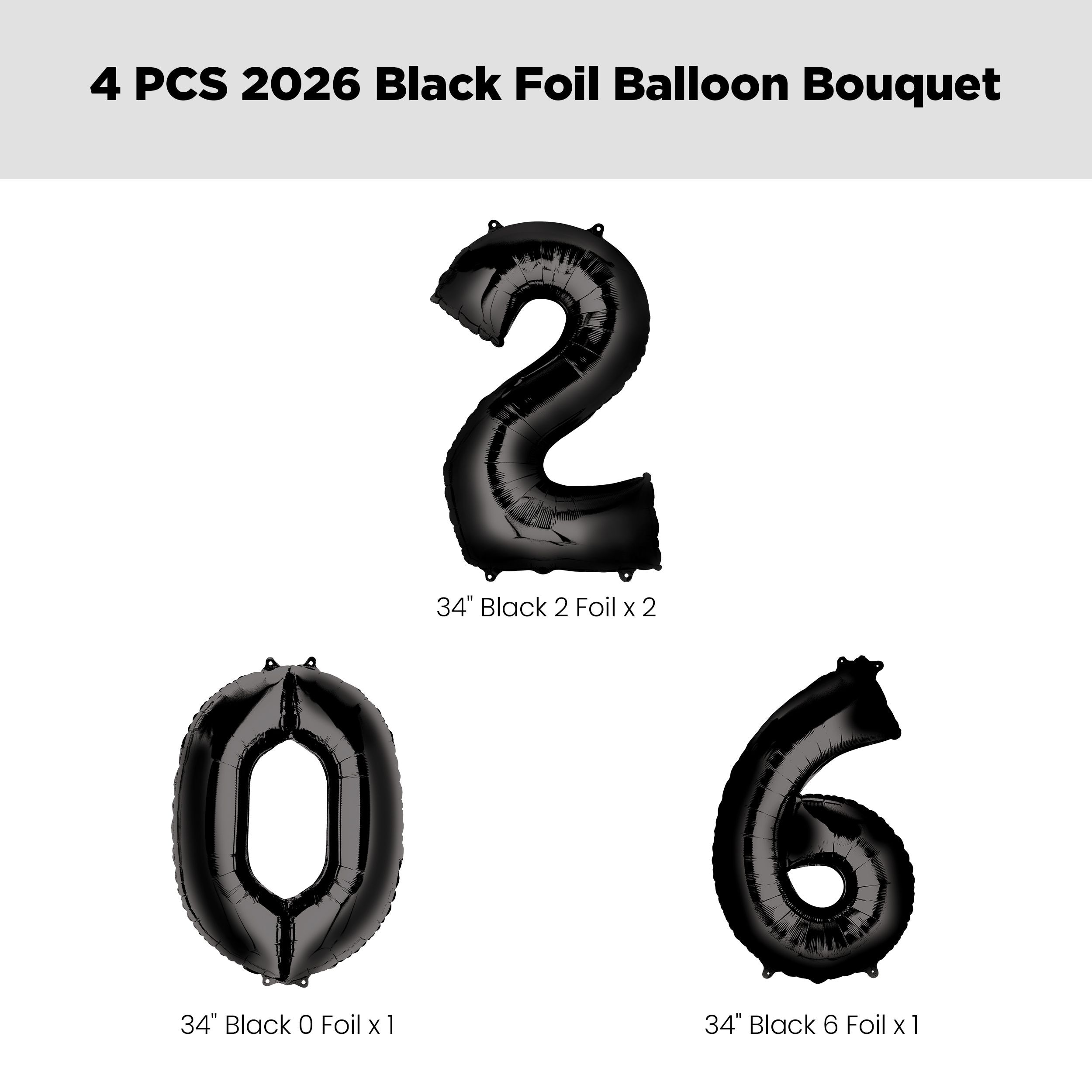 2-0-2-6 Foil Number Balloon Bouquet, Black, 4-pk, Helium Inflation & Ribbon Included for New Year's Eve Front_Flat