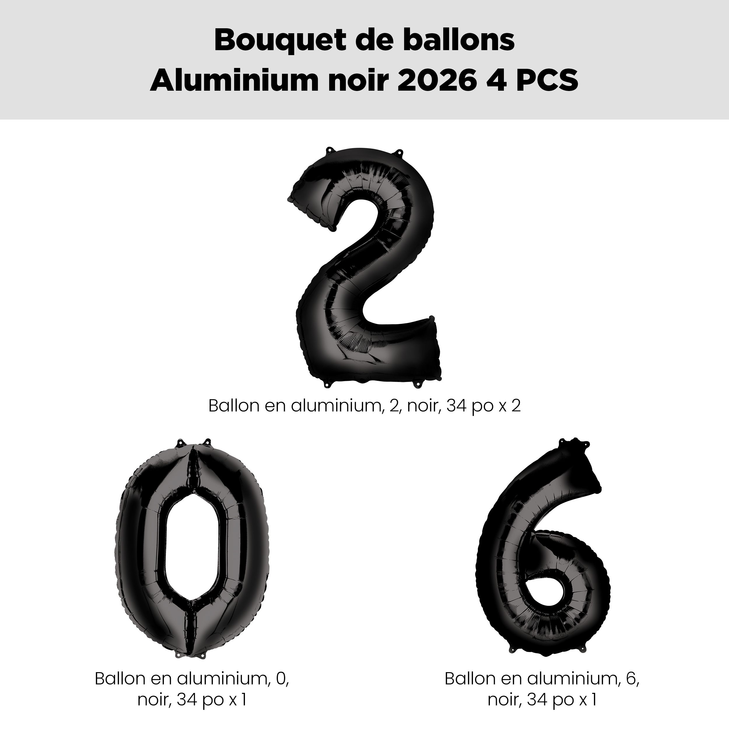 Bouquet de ballons à chiffres 2-0-2-6 en aluminium dorés, paq. 4, ruban et gonflage hélium inclus, pour la veille du jour de l'An Front_Flat