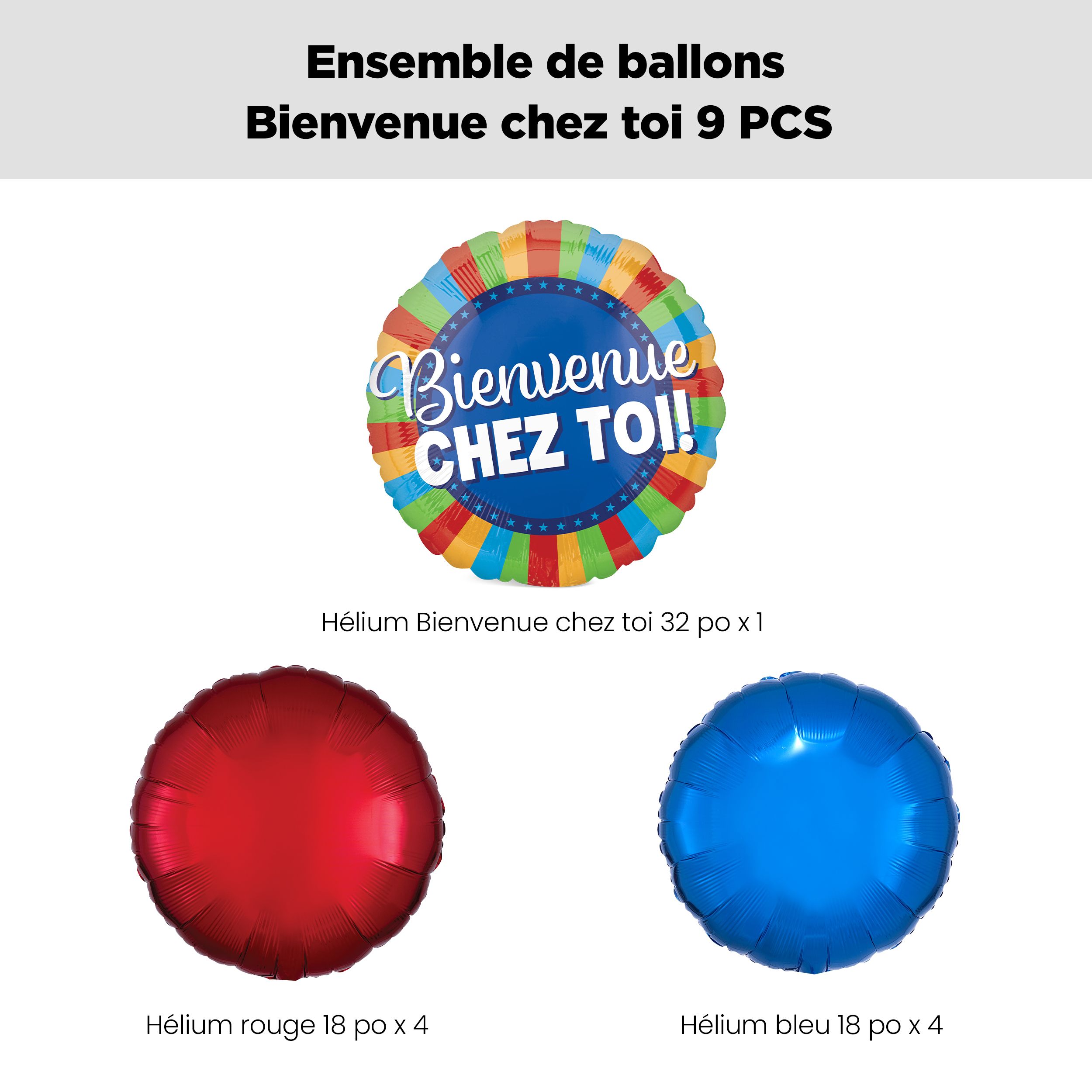 Bouquet de ballons métalliques rayés satinés ronds Bienvenue chez toi avec ballons métalliques, multicolore, paq. 9, gonflage à l’hélium et ruban inclus Front_Flat