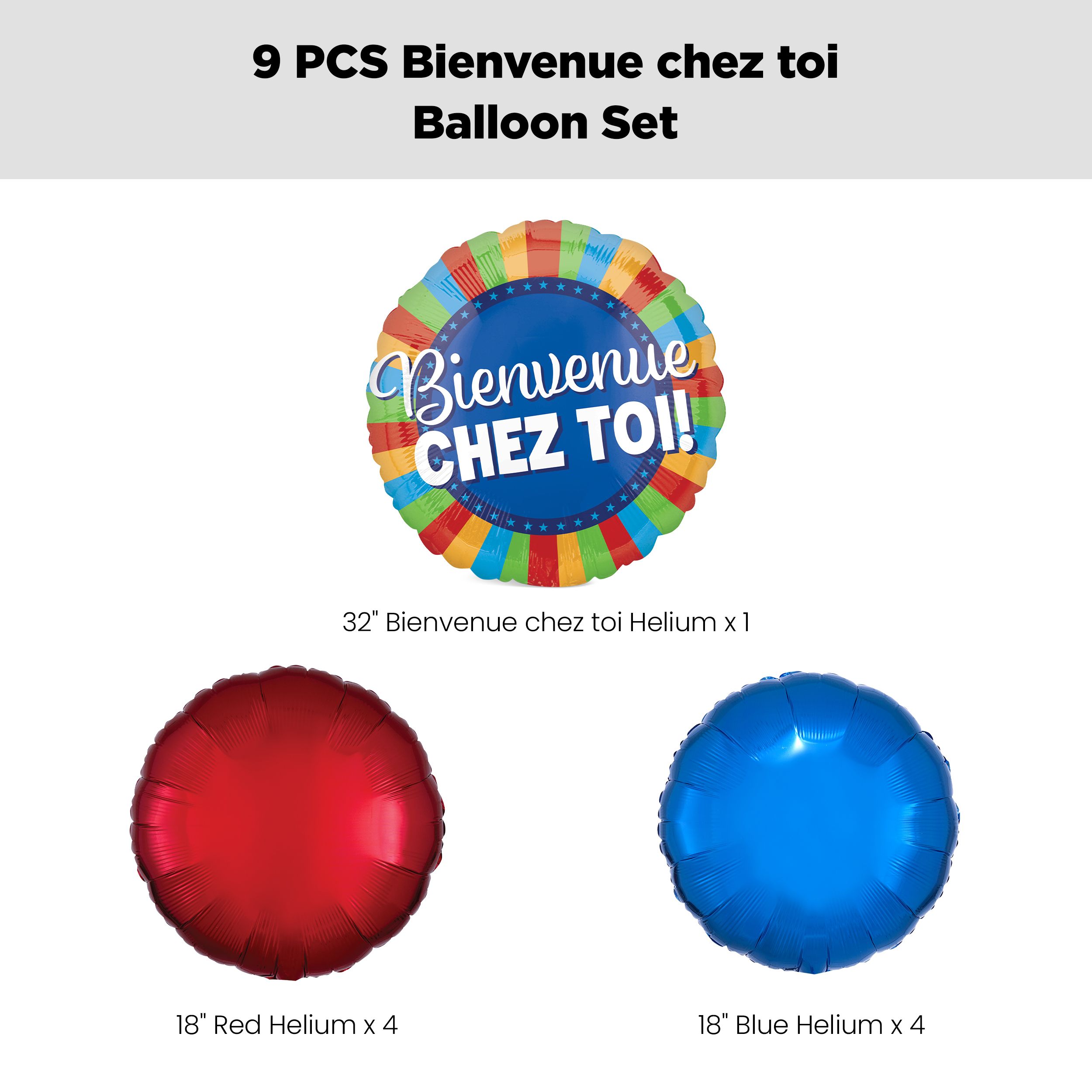 "Bienvenue Chez Toi" French Round Striped Satin Foil Balloon Bouquet with Foil Balloons, Multi-Coloured, 9-pk, Helium Inflation & Ribbon Included Front_Flat