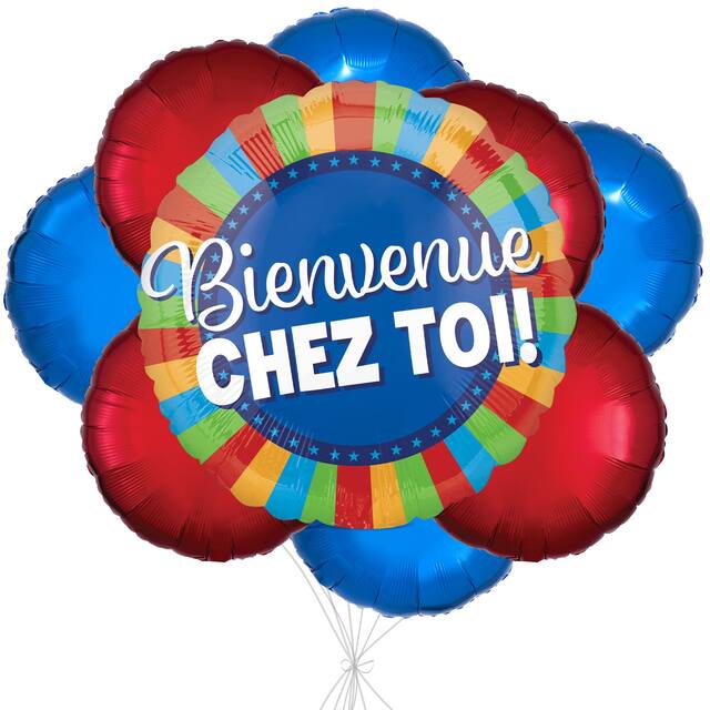 "Bienvenue Chez Toi" French Round Striped Satin Foil Balloon Bouquet with Foil Balloons, Multi-Coloured, 9-pk, Helium Inflation & Ribbon Included Front_Flat