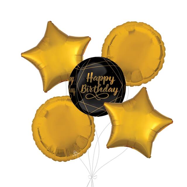 Bouquet de ballon Orbz Happy Birthday avec ballons en aluminium ronds et étoiles dorés, 5 pièces, gonflage à l'hélium et ruban inclus Front_Flat
