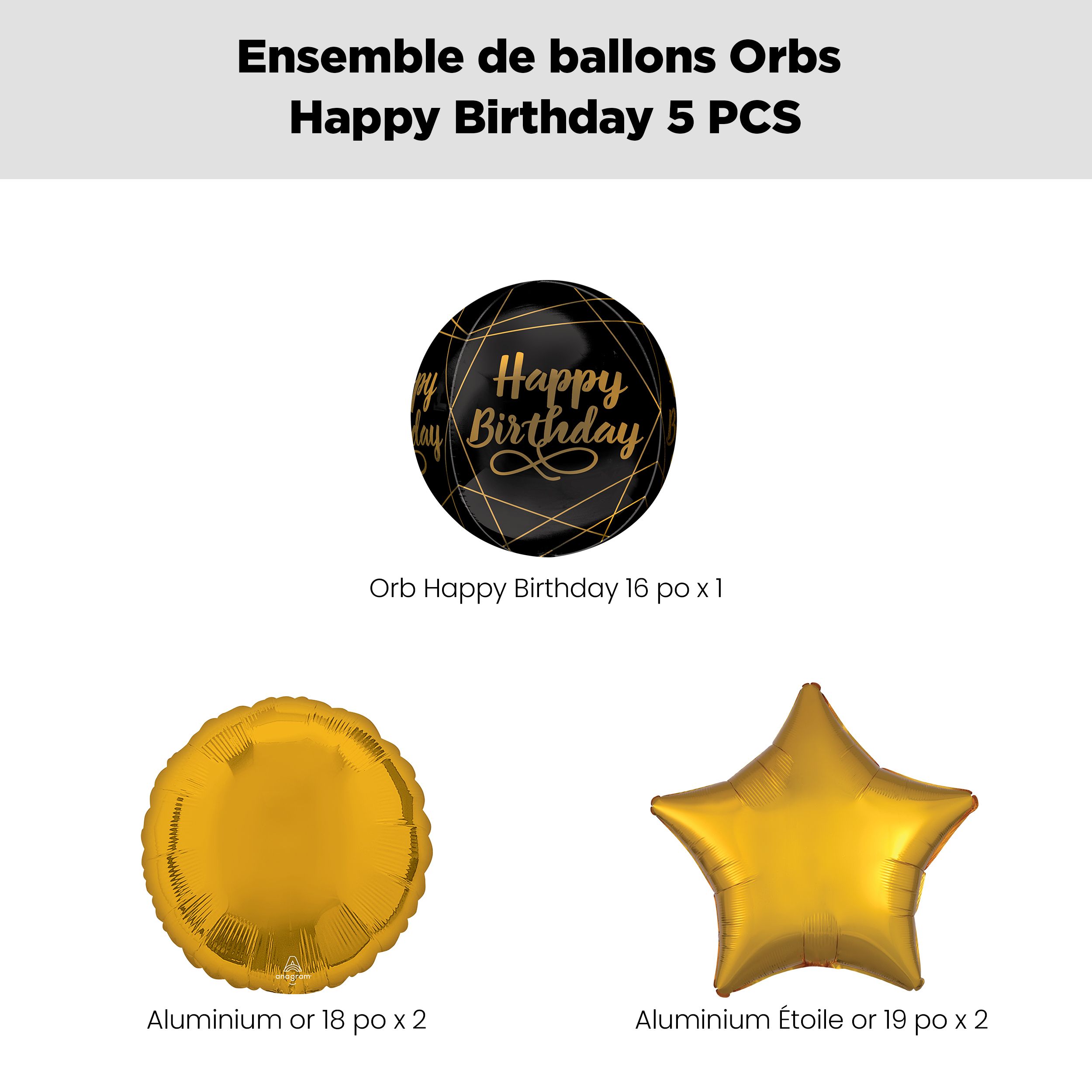 Bouquet de ballon Orbz Happy Birthday avec ballons en aluminium ronds et étoiles dorés, 5 pièces, gonflage à l'hélium et ruban inclus Front_Flat