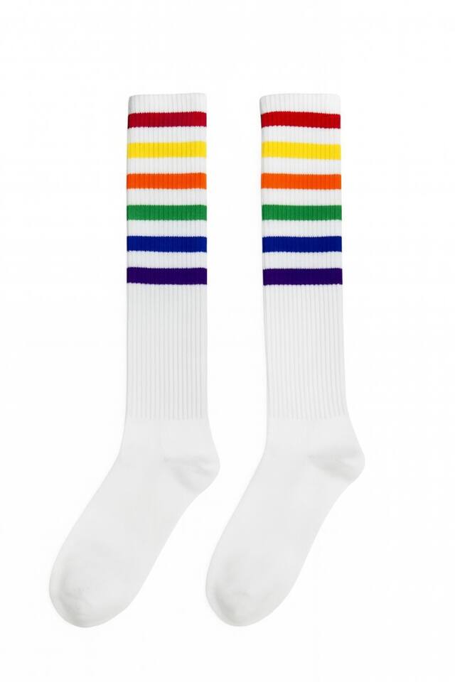 Adult Knee High Socks, White/Rainbow, One Size, Wearable Accessory for Pride Side_Left