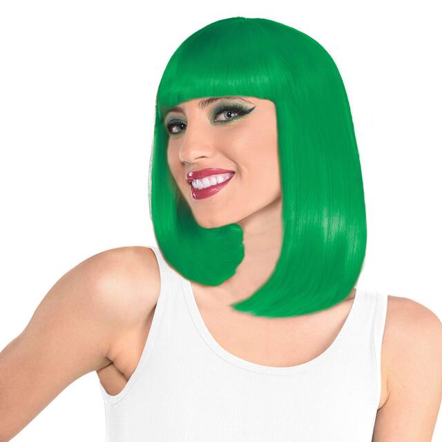 Bob Straight Hair Wig, Green, One Size, Wearable Costume Accessory for Halloween Front_Angled_Left