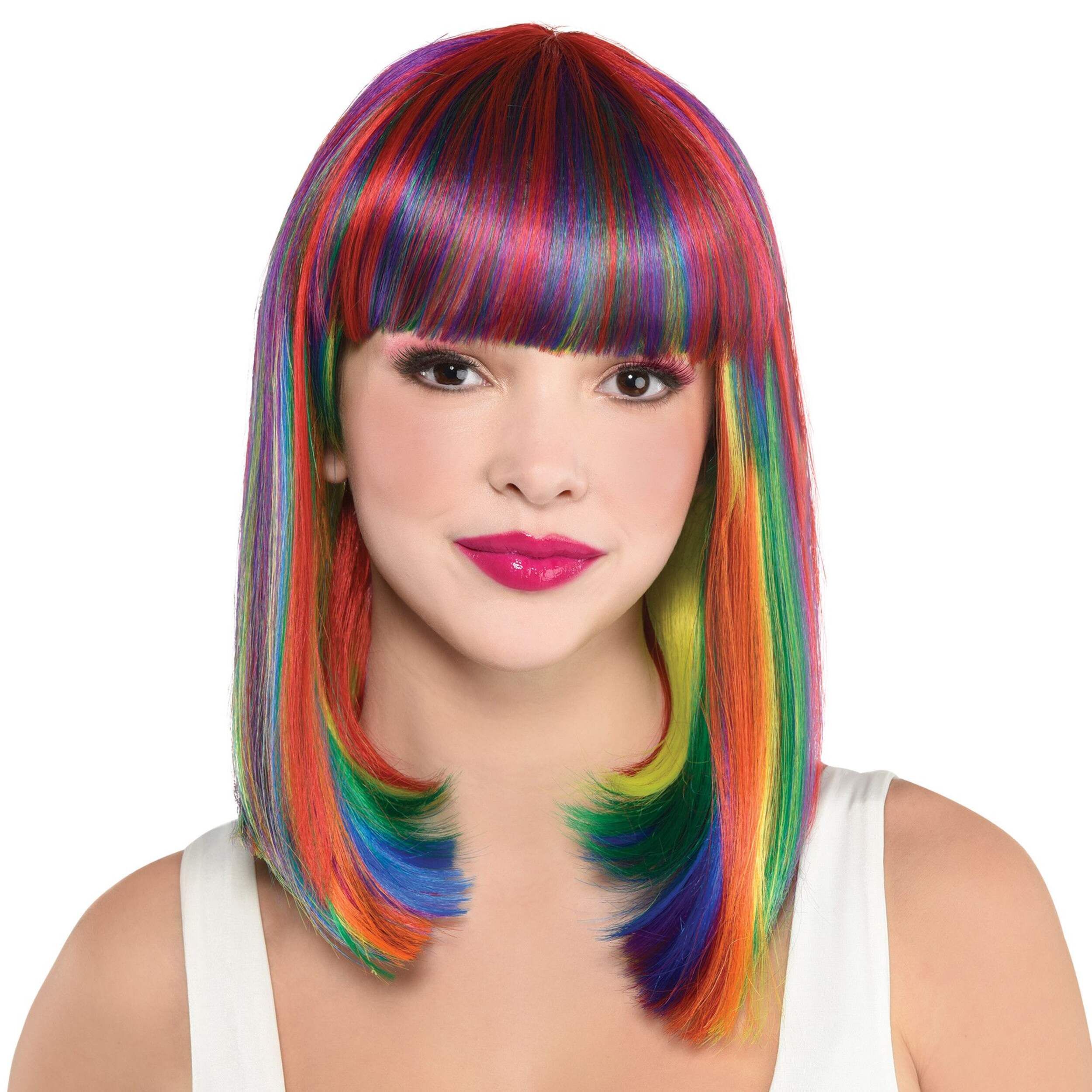 Shoulder Length Straight Rainbow Wig, One Size, Wearable Costume Accessory for Halloween Front_Flat