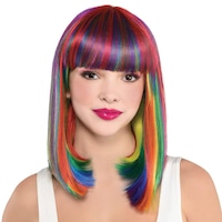 Shoulder Length Straight Rainbow Wig, One Size, Wearable Costume Accessory for Halloween Front_Flat