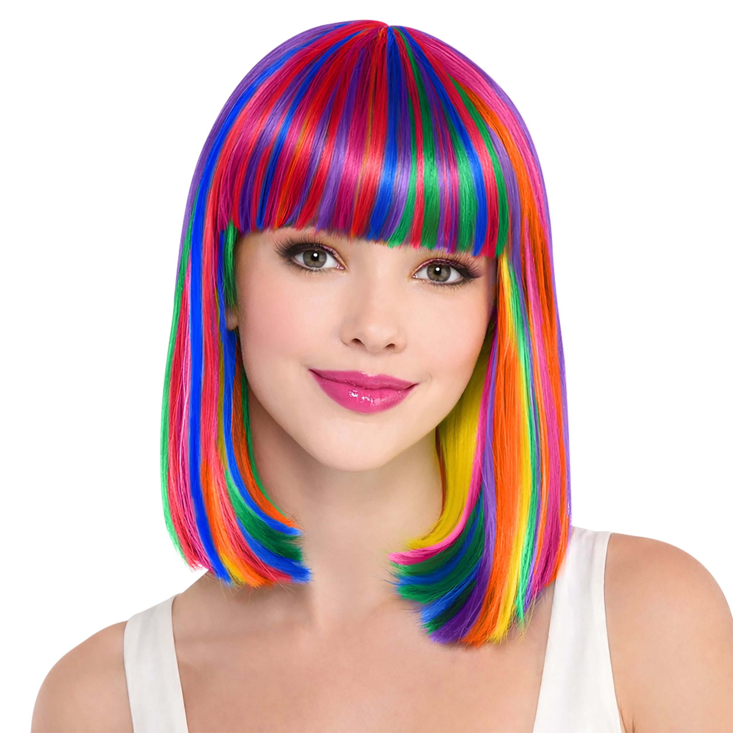 Shoulder Length Straight Rainbow Wig, One Size, Wearable Costume Accessory for Halloween Front_Flat