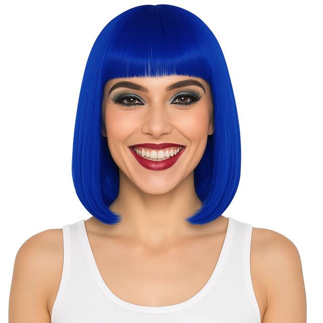 Perruque carrée raide, bleu, taille unique, accessoire de costume à porter pour l'Halloween Front_Flat