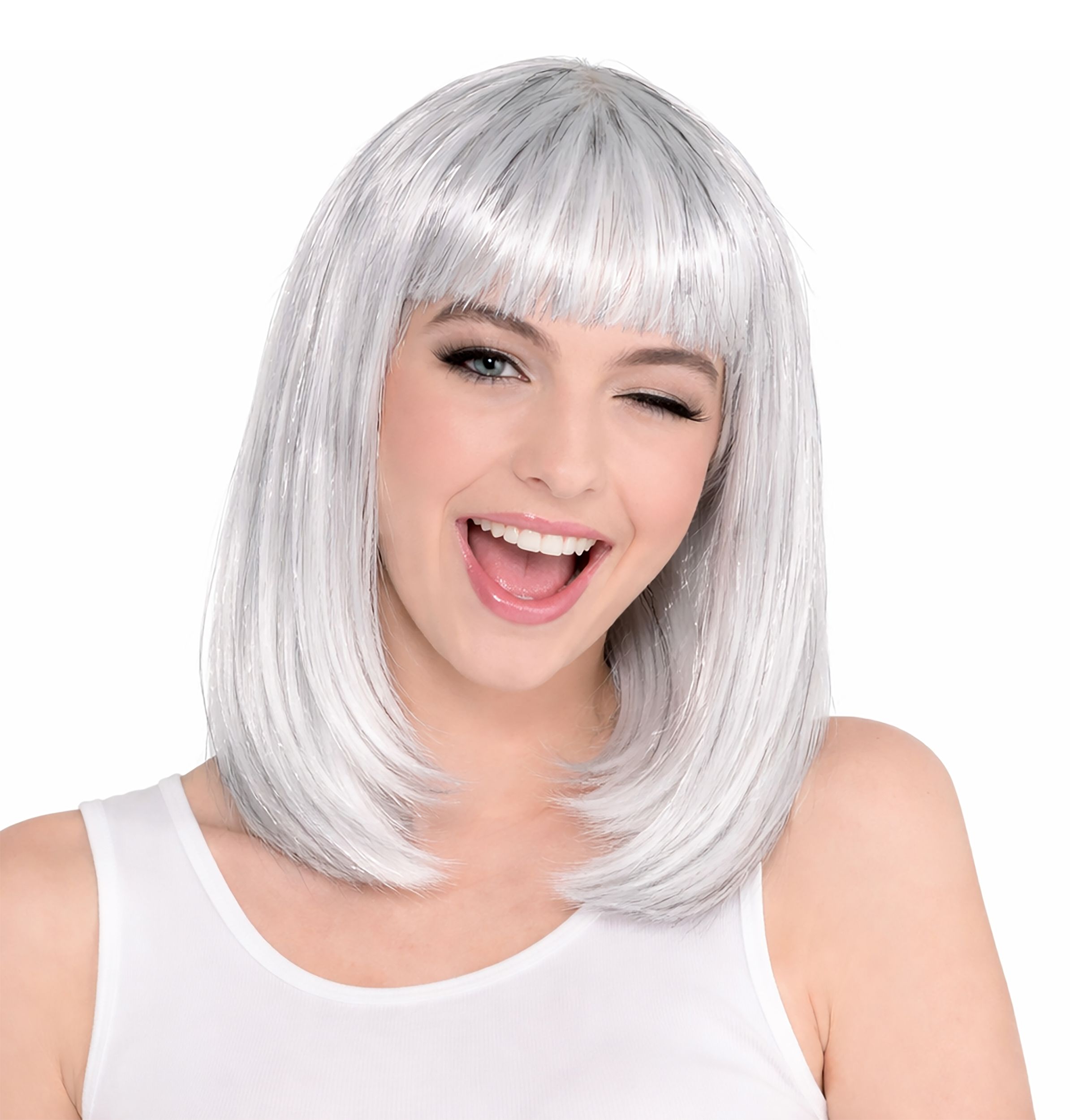 Bob Straight Hair Wig, Silver, One Size, Wearable Costume Accessory for Halloween Front_Flat