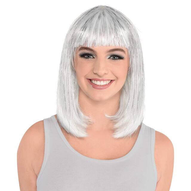 Bob Straight Hair Wig, Silver, One Size, Wearable Costume Accessory for Halloween Front_Flat