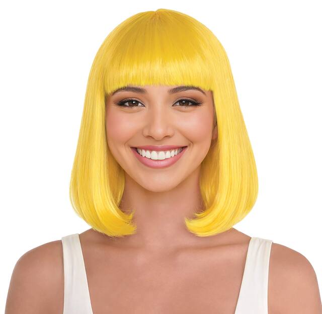 Perruque carrée raide, jaune, taille unique, accessoire de costume à porter pour l'Halloween Front_Flat