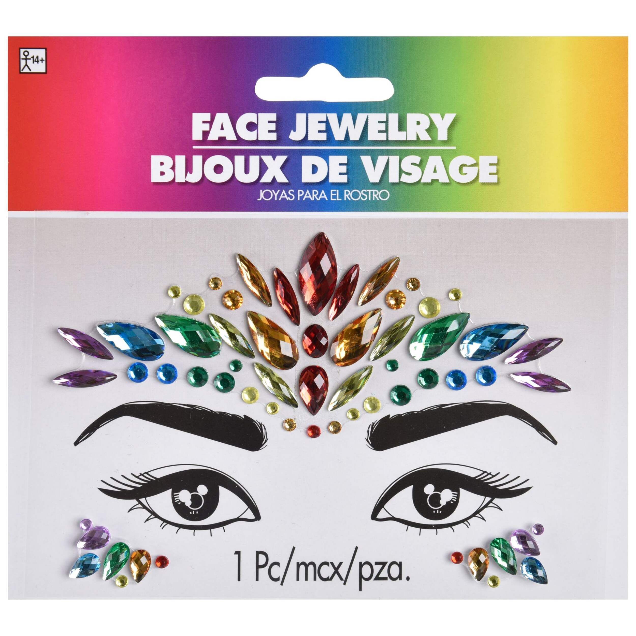 Bijoux autocollants pour le visage, arc-en-ciel, taille unique, accessoire de costume à porter pour l'Halloween Front_Flat