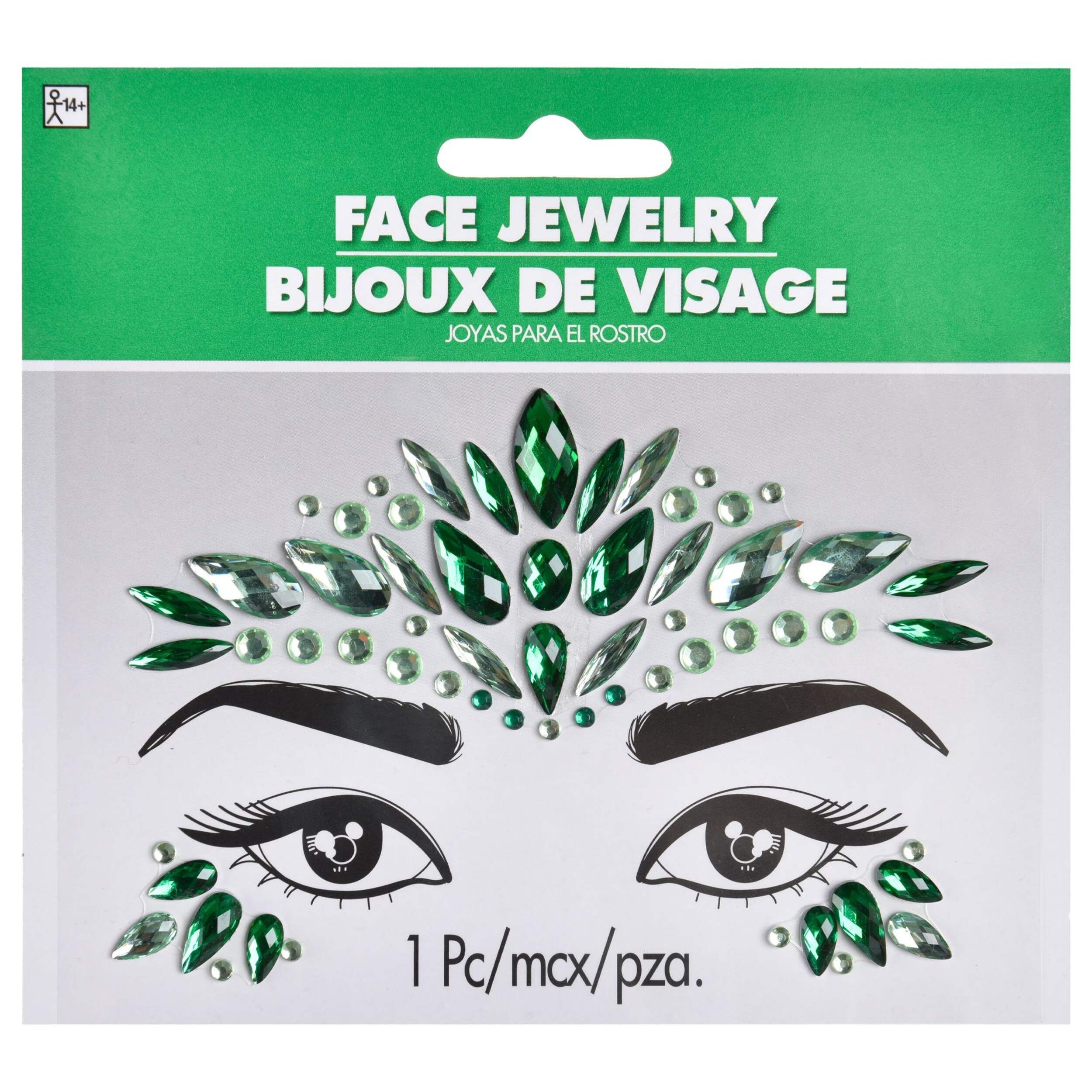 Self-Adhesive Face Jewel Stickers, Green, One Size, Wearable Costume Accessory for Halloween Front_Flat